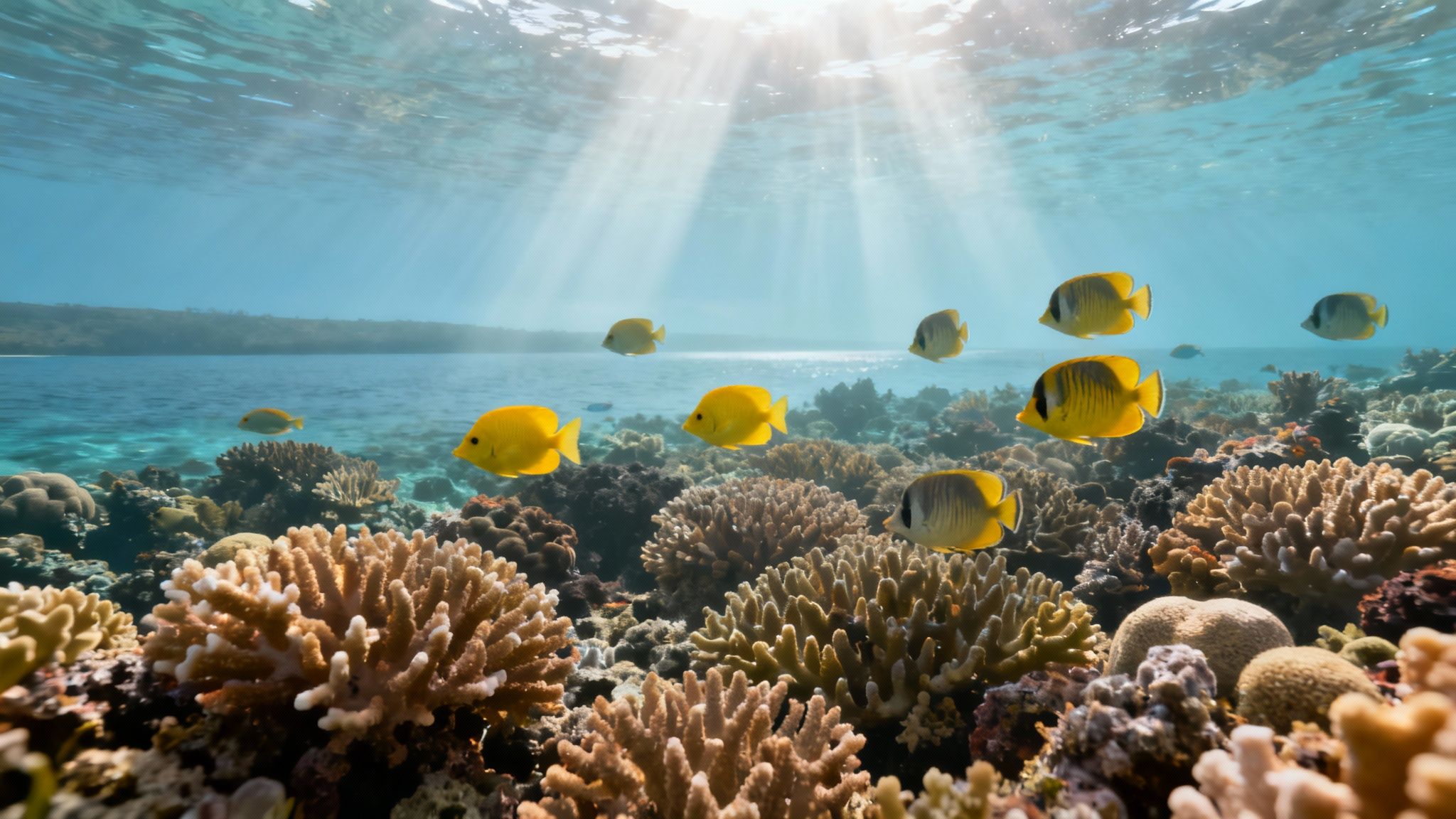 Colorful fish swim over a healthy coral reef in Kealakekua Bay, with the Captain Cook Monument visible on shore.