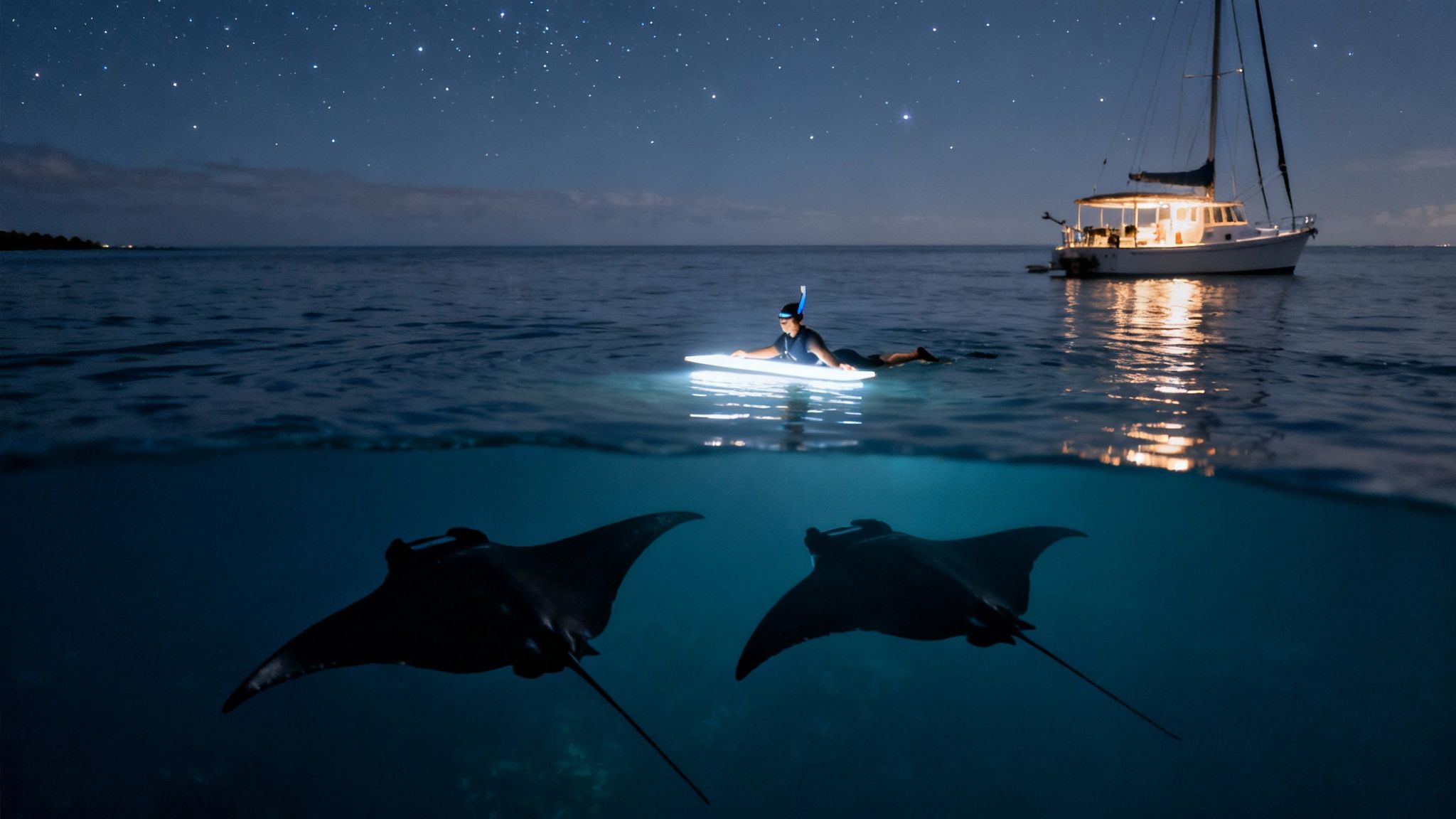 A snorkeler on a glowing board observes two manta rays at night under a starry sky.
