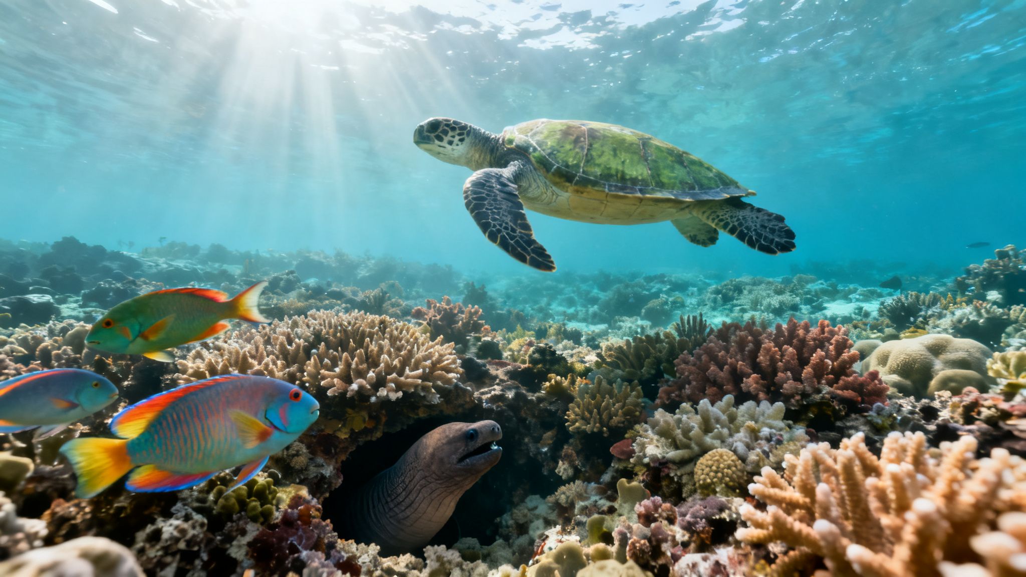 A green sea turtle swims above a vibrant coral reef, with colorful fish and a moray eel.