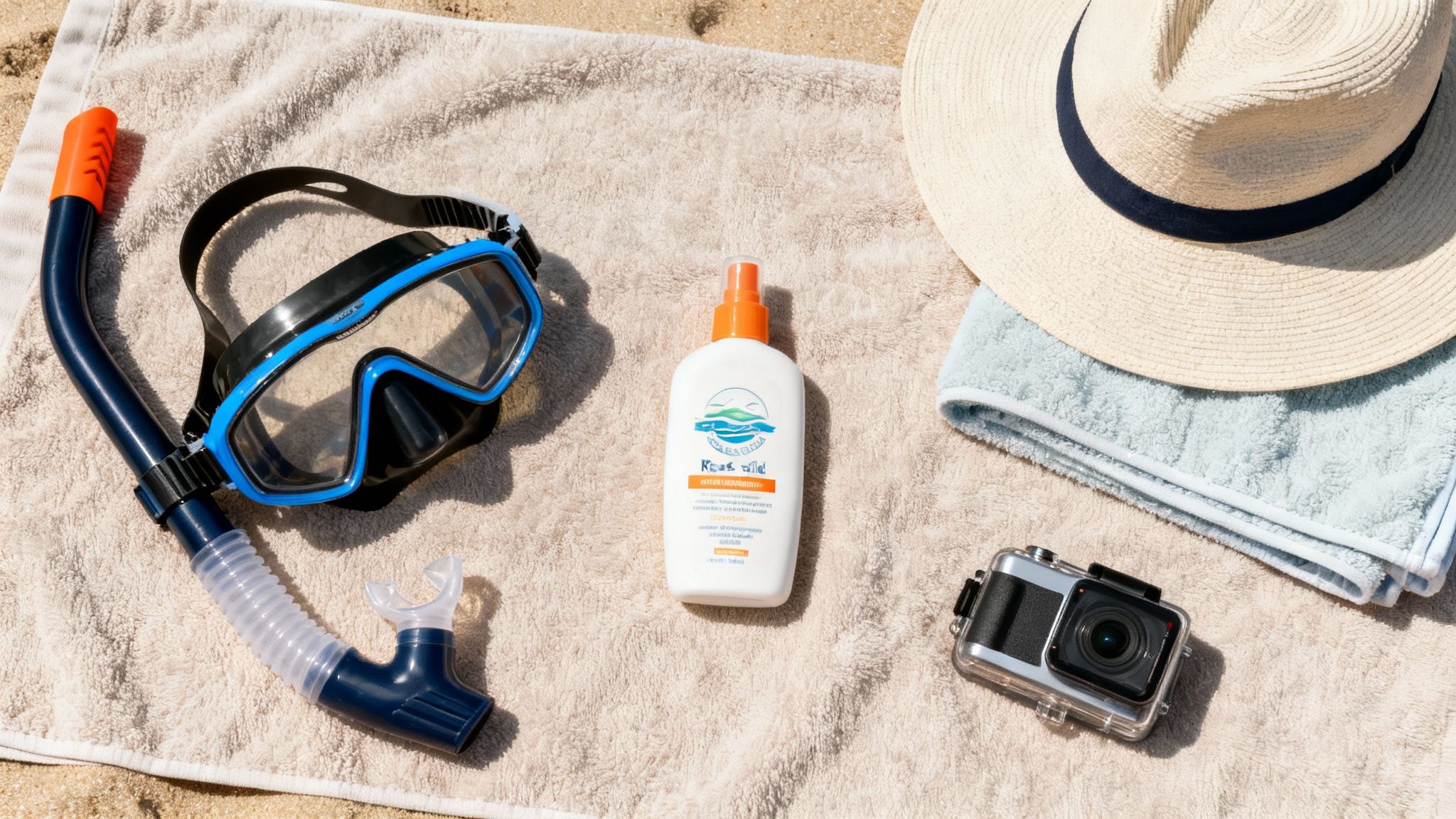 Snorkel gear, reef-safe sunscreen, a straw hat, and an underwater camera on a beach towel.