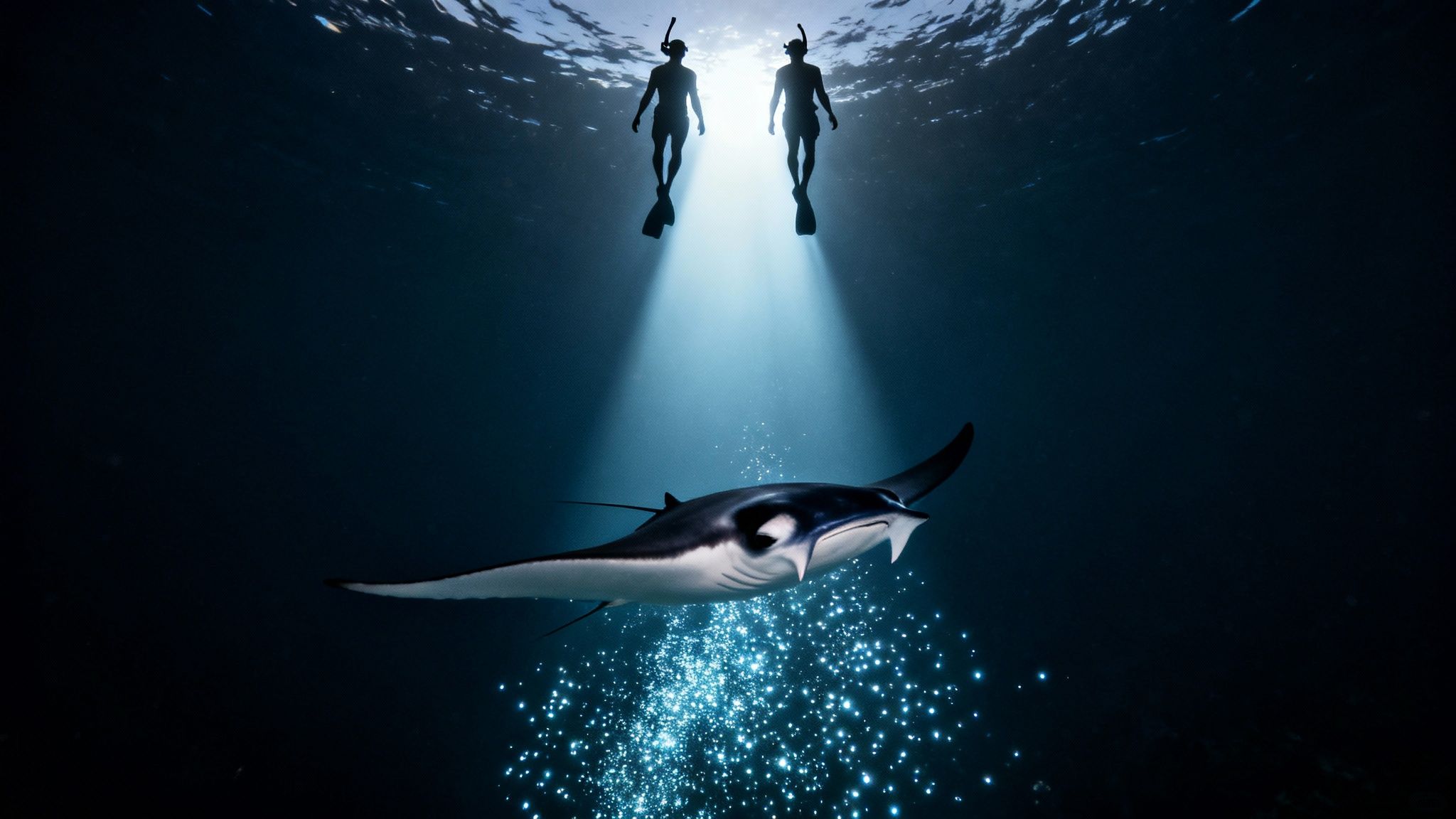 Two snorkelers observe a majestic manta ray swimming in the deep blue ocean with glowing particles.