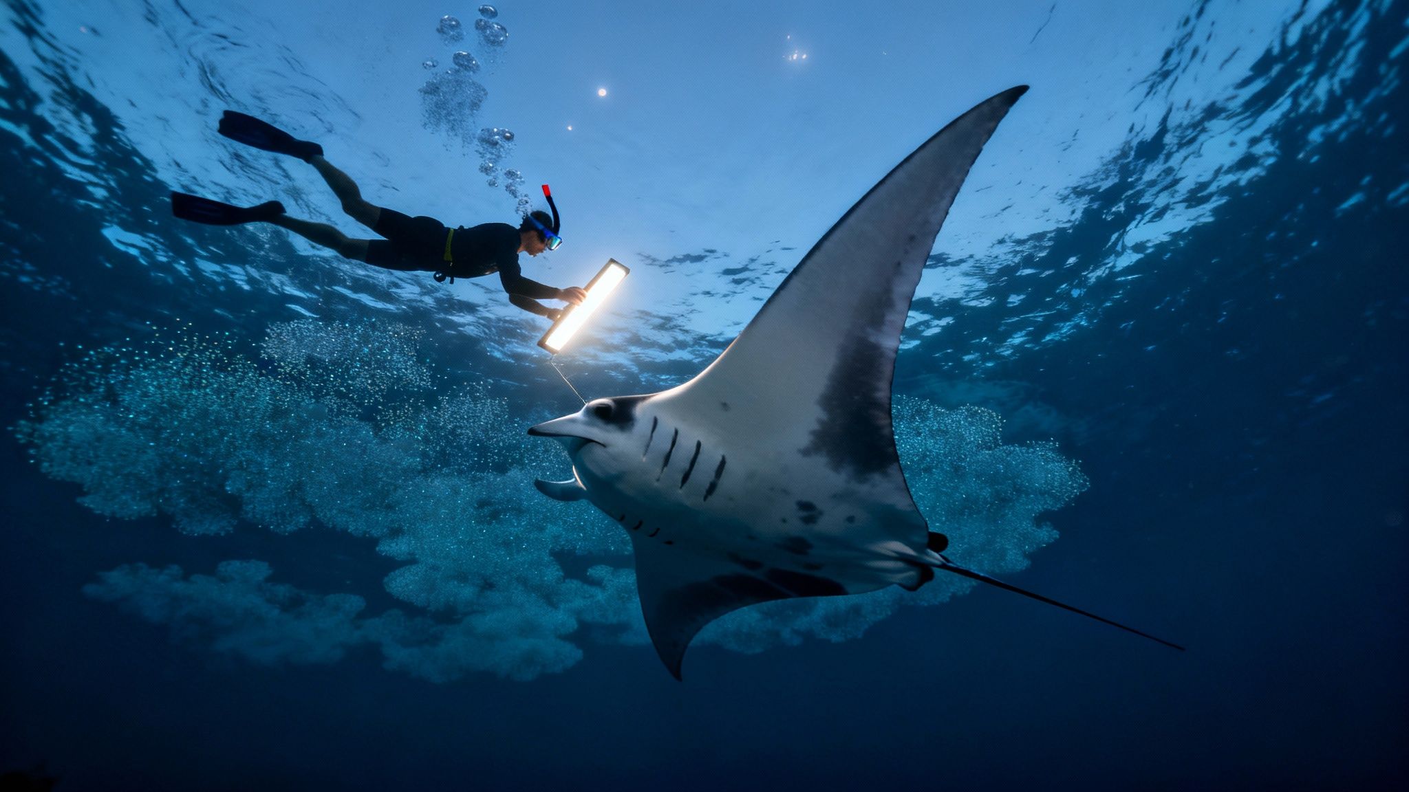 A snorkeler illuminates a majestic manta ray with an underwater light at night.