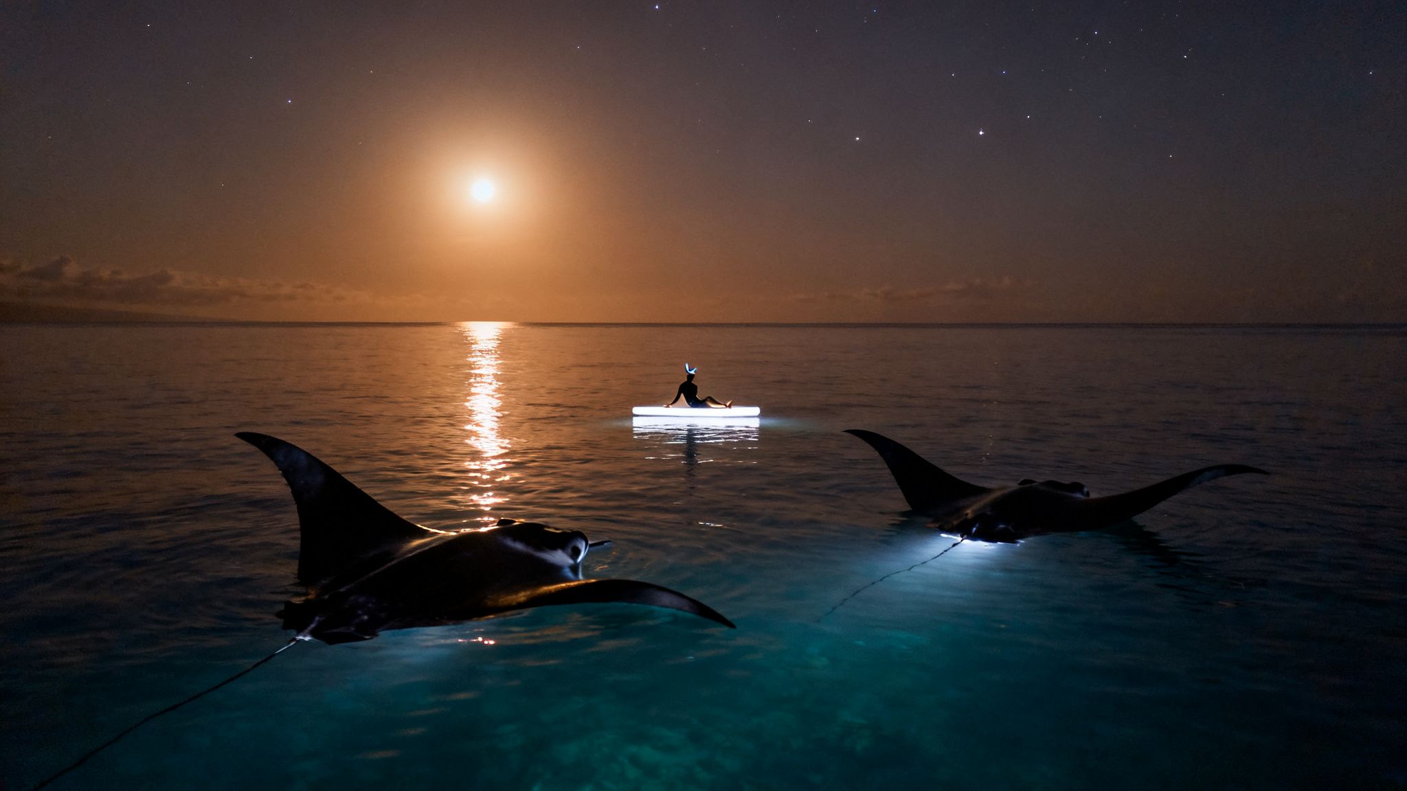 Person on glowing raft watches two manta rays swim under a full moonlit night sky.