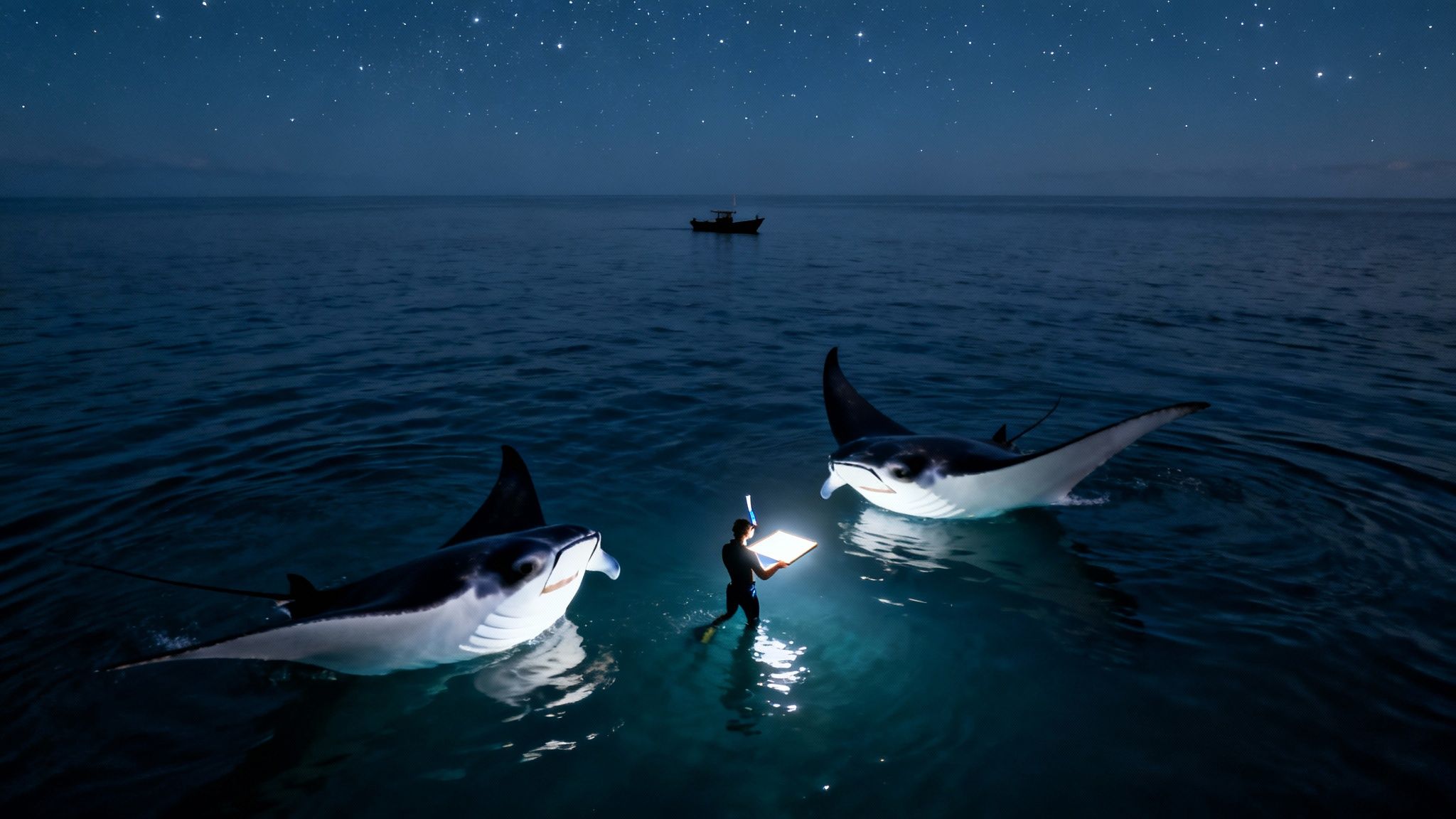 A person with a glowing light encounters two manta rays under a starry night sky.