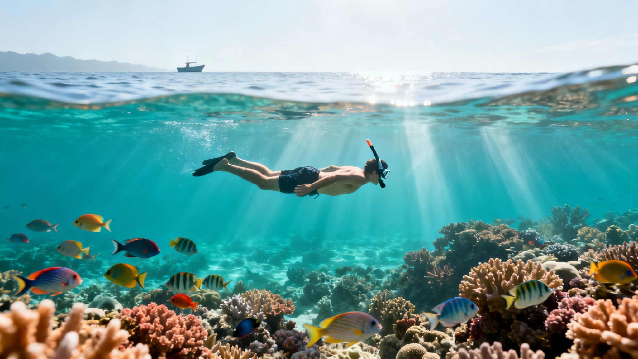 A person snorkeling over a colorful coral reef teeming with fish in clear blue ocean water under sun rays.