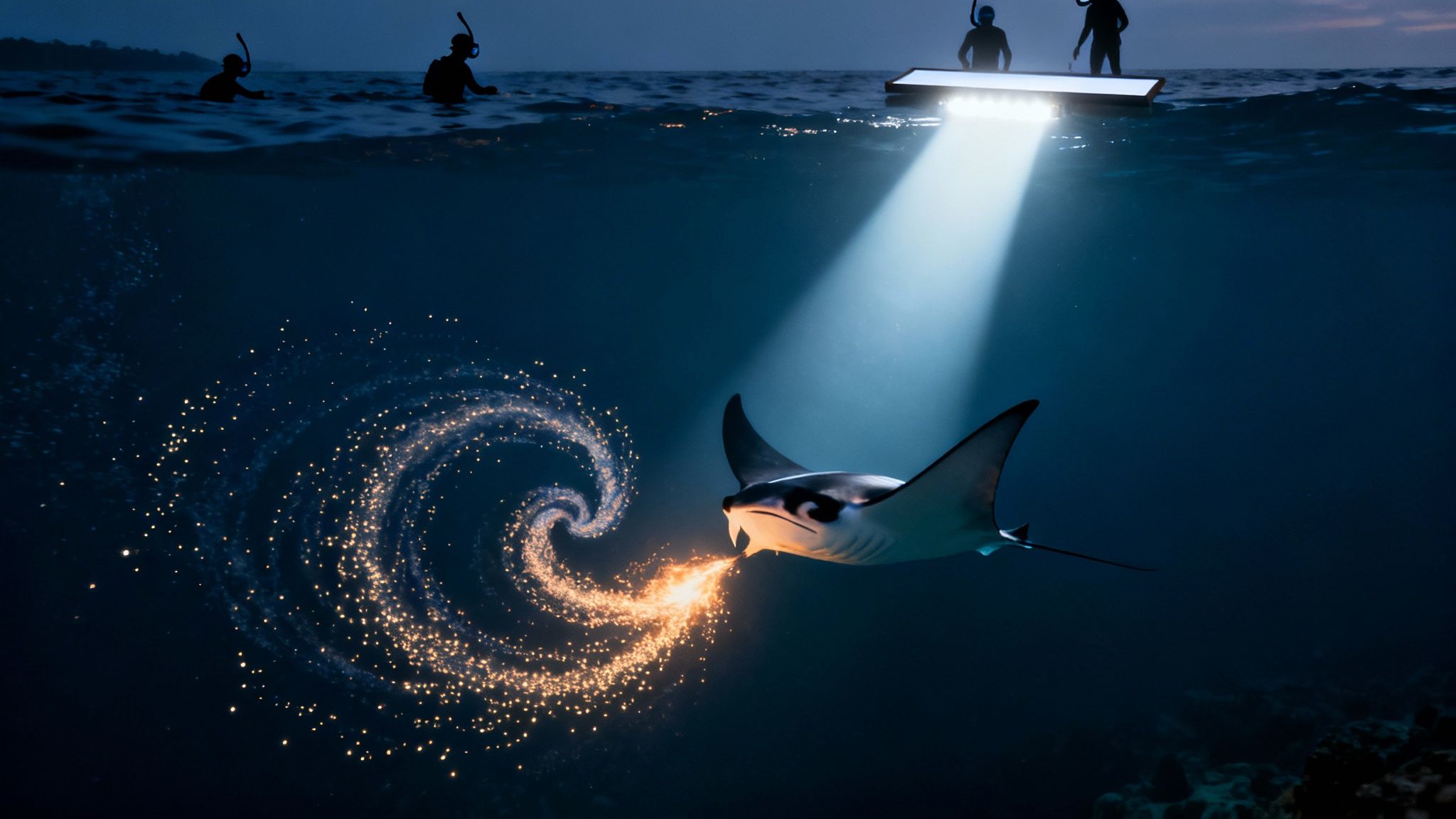 A majestic manta ray glides underwater at night, emitting a dazzling bioluminescent trail while people snorkel above.