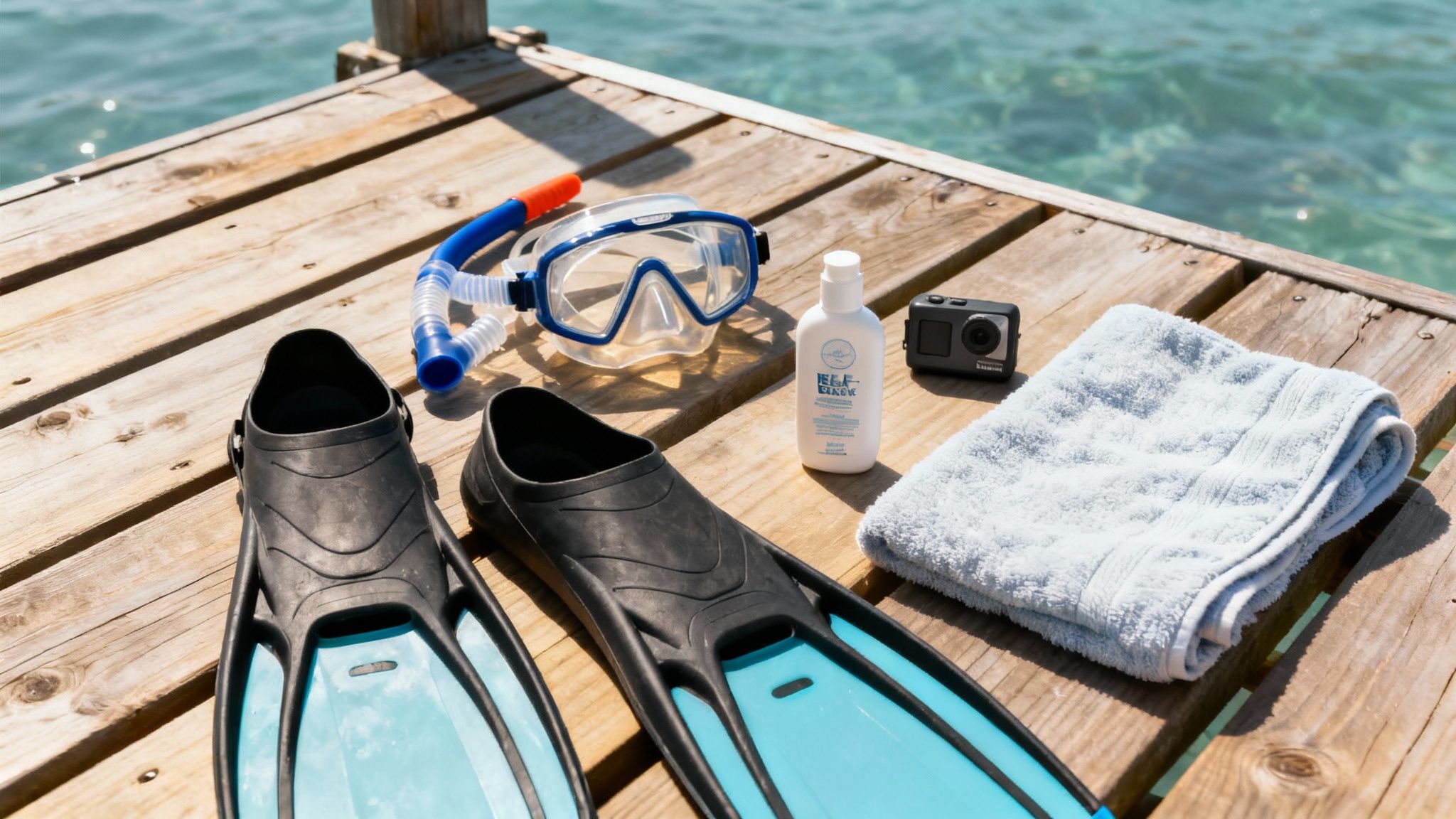 A person snorkeling in clear blue water, looking down at the coral reef.