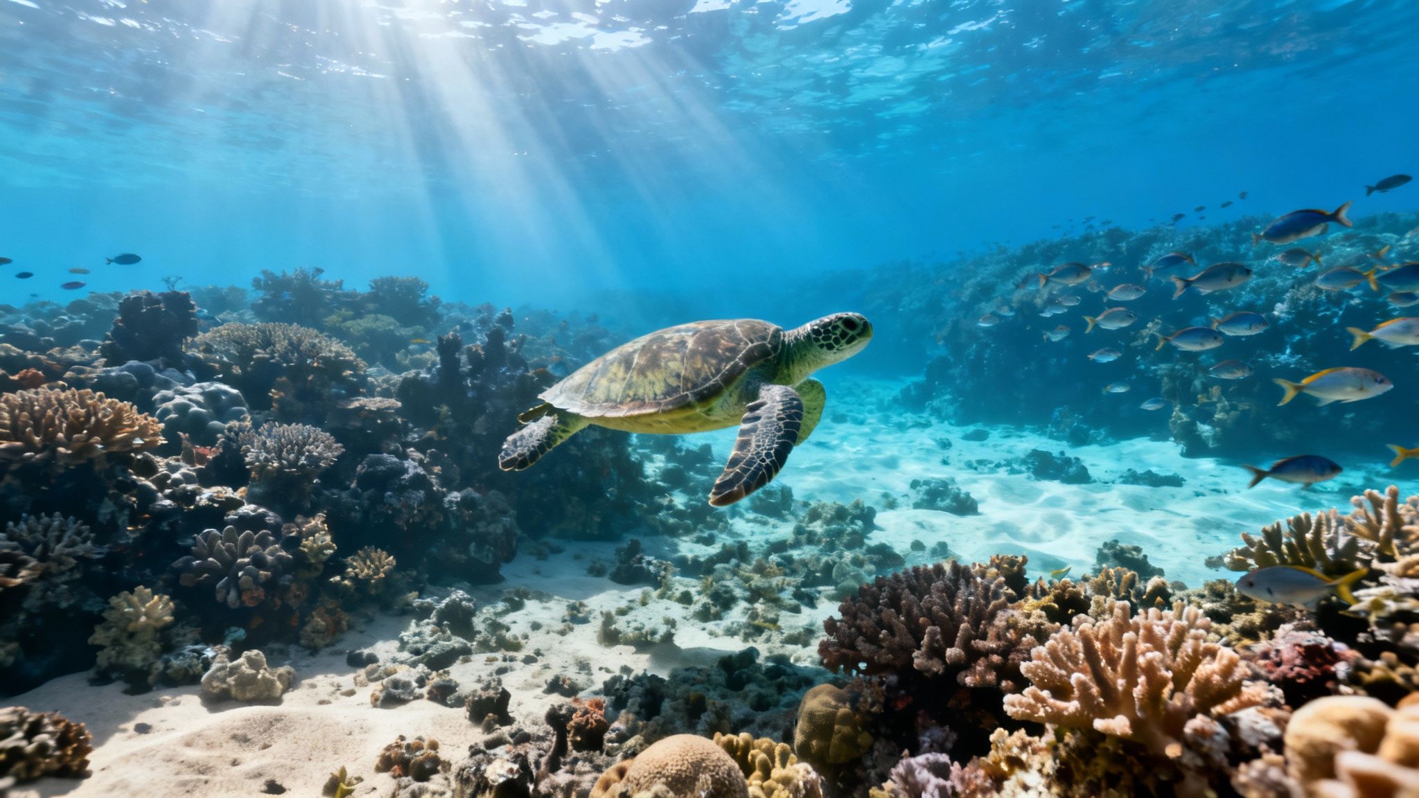Sea turtle swimming over vibrant coral reef with tropical fish in crystal clear blue water