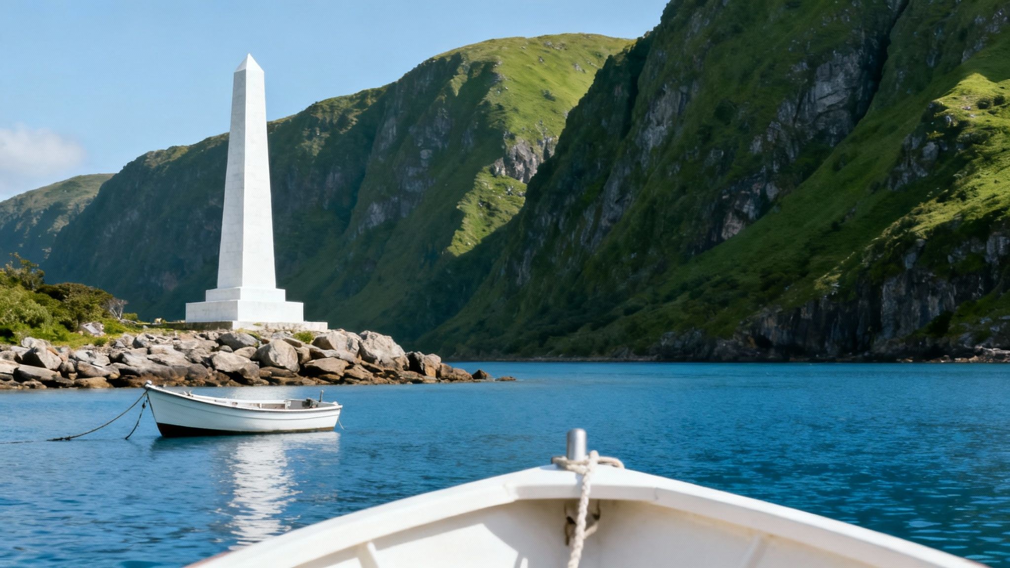 The white Captain Cook Monument stands on the shore of Kealakekua Bay