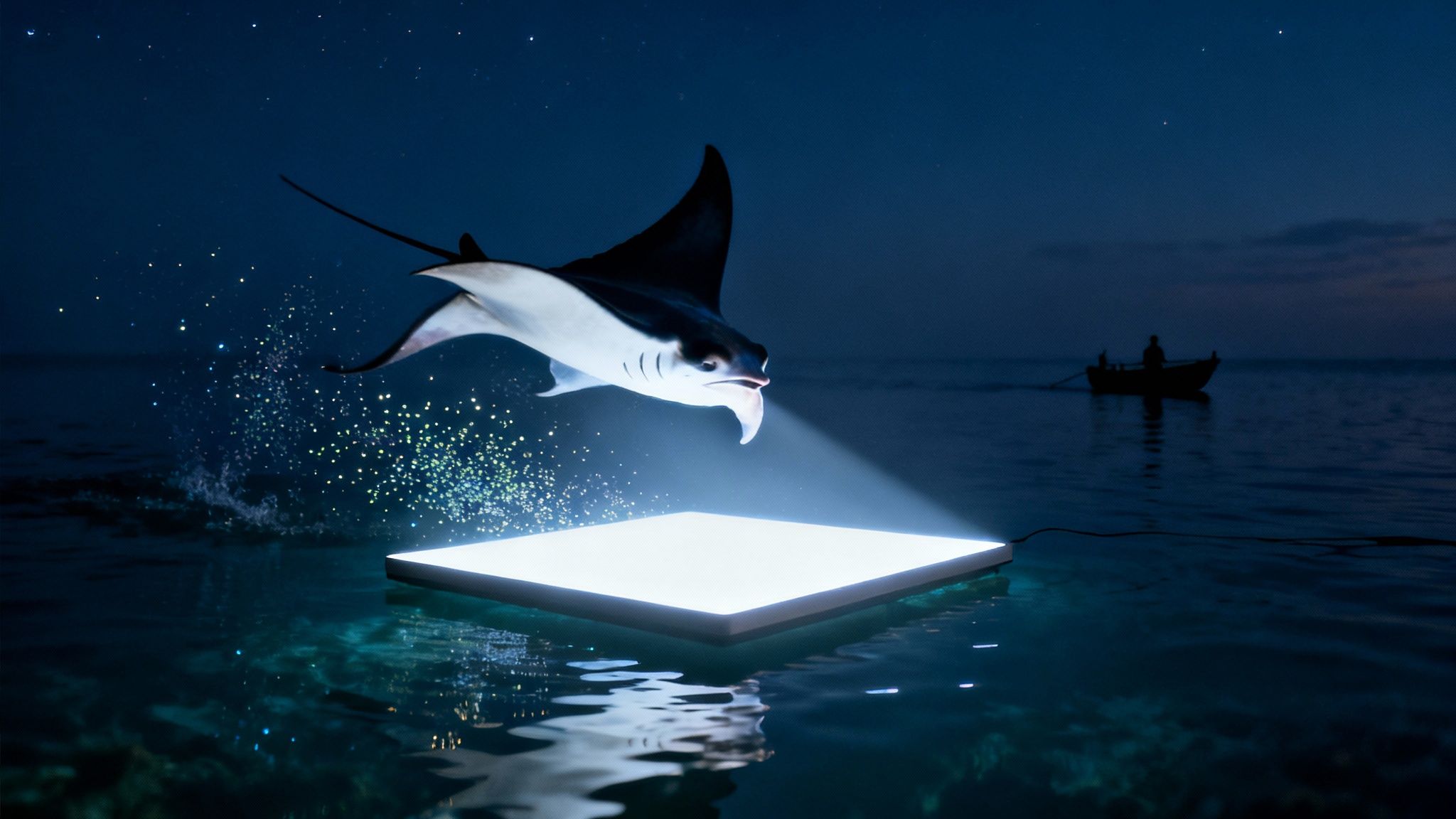 A manta ray leaps from glowing water towards a bright light at night, with a distant boat.