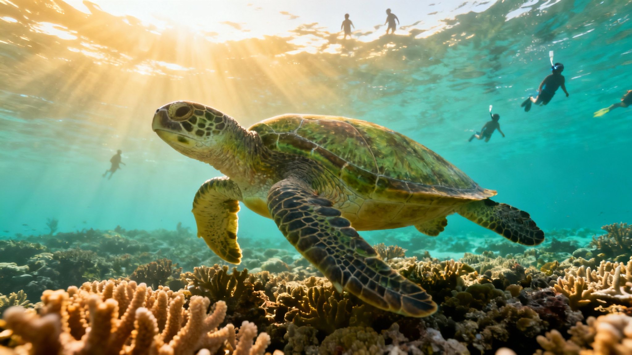 A majestic green sea turtle swims gracefully over vibrant coral reefs with sun rays and snorkelers.