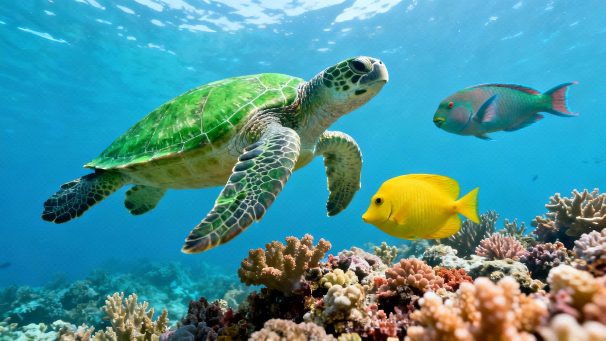 A vibrant underwater scene with a green sea turtle swimming above a colorful coral reef alongside two tropical fish.