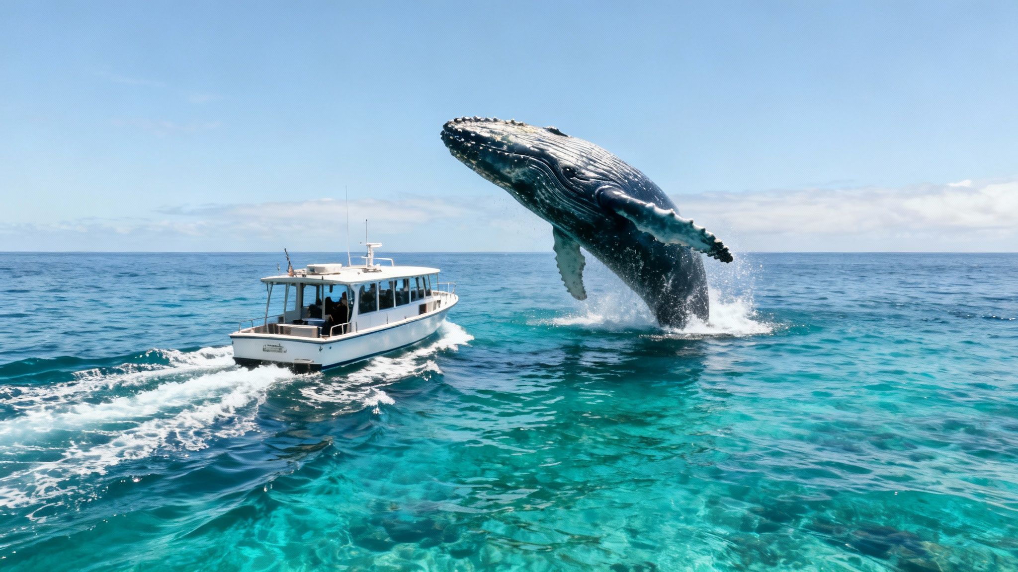 A humpback whale breaches spectacularly near the Big Island coast.