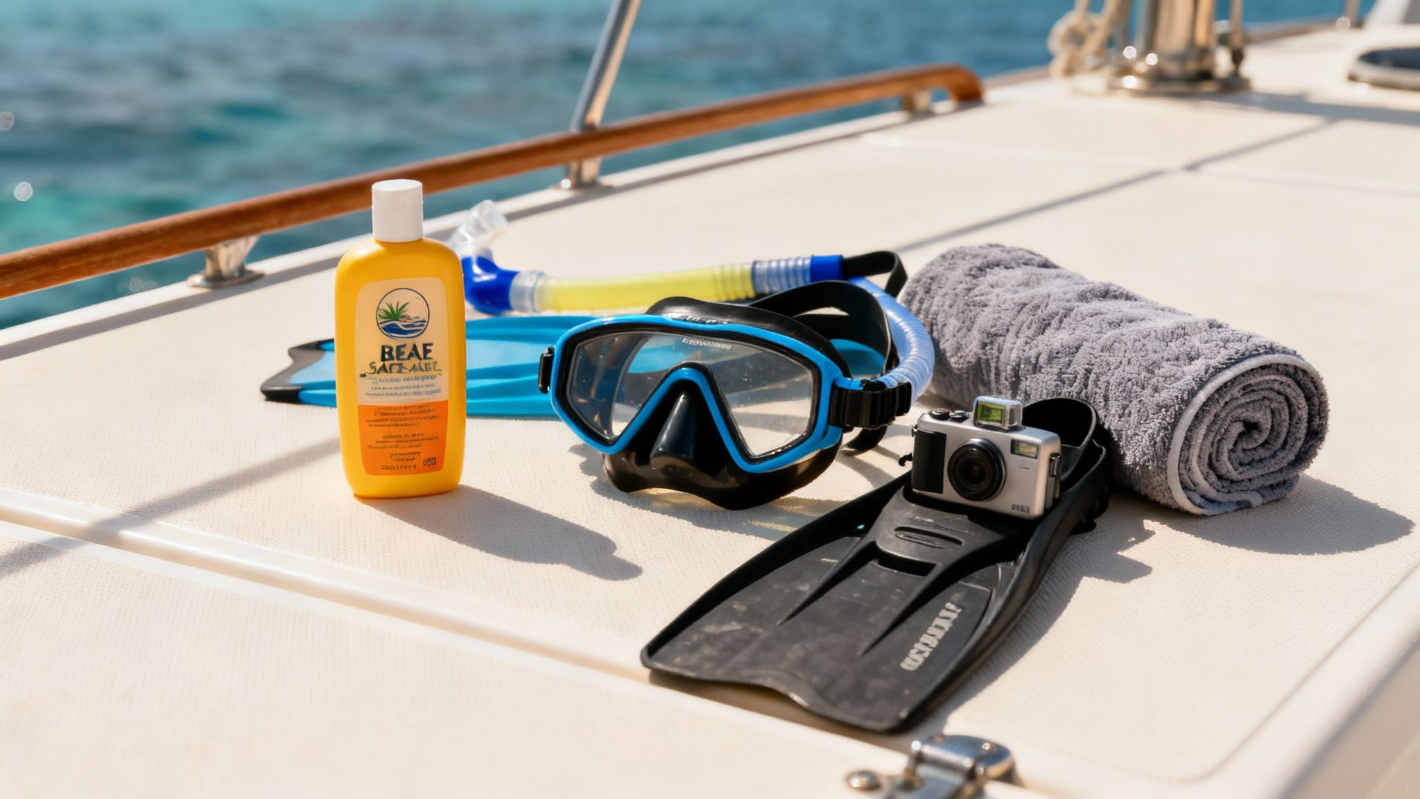 A snorkeler getting ready with fins and a mask on a boat deck