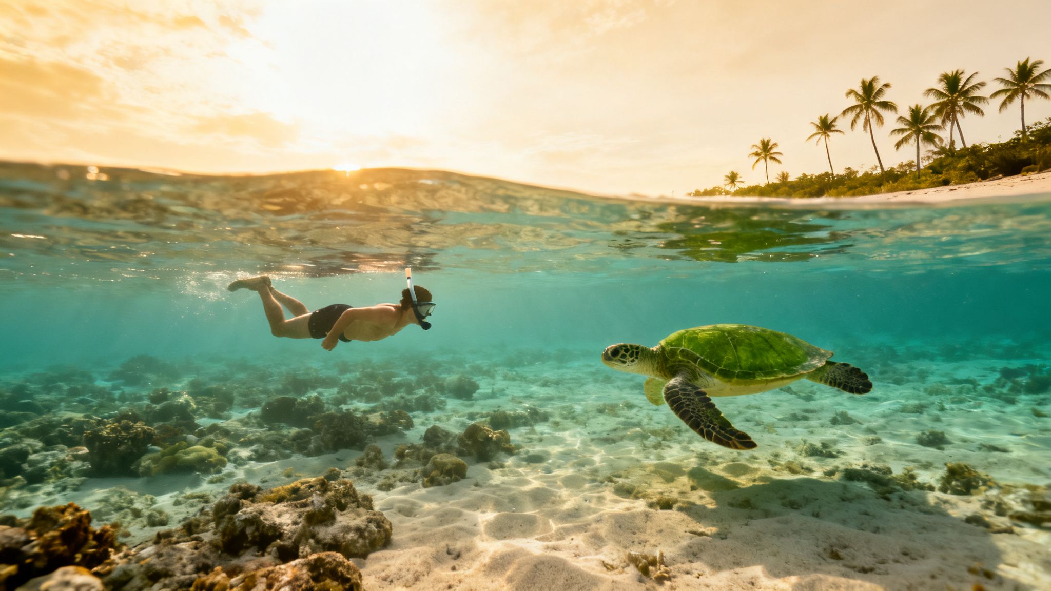 Man snorkeling underwater next to a vibrant green sea turtle near a tropical island at sunset.