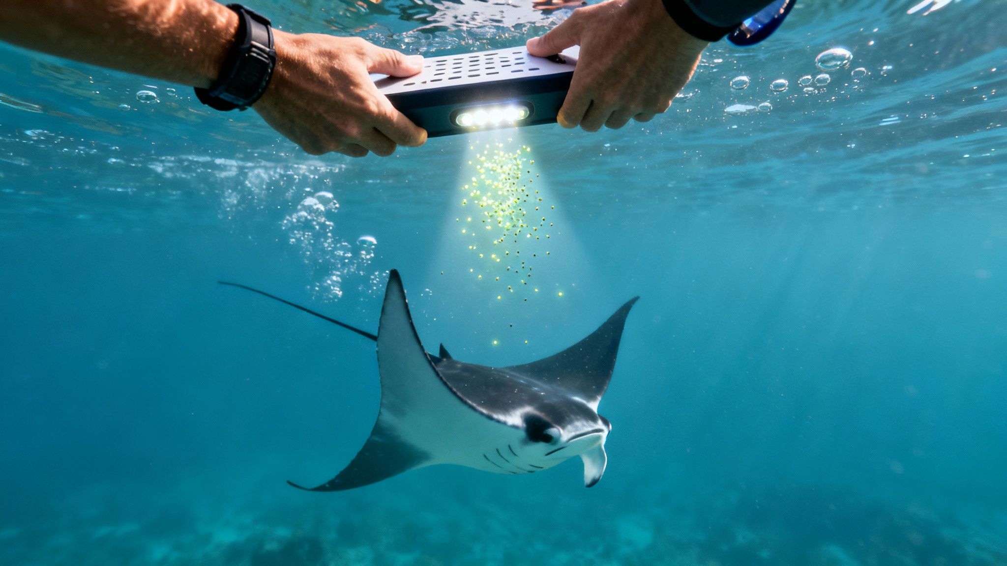 Underwater view of two hands holding a light device attracting plankton above a swimming manta ray.