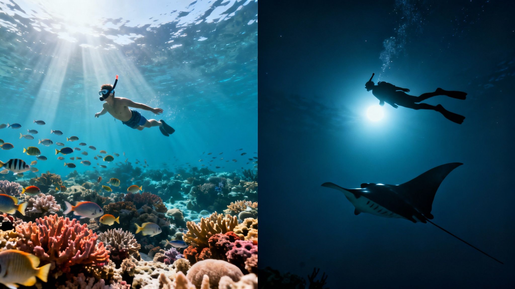 A split image: a person snorkeling over a vibrant coral reef with fish, and a diver swimming with a manta ray.