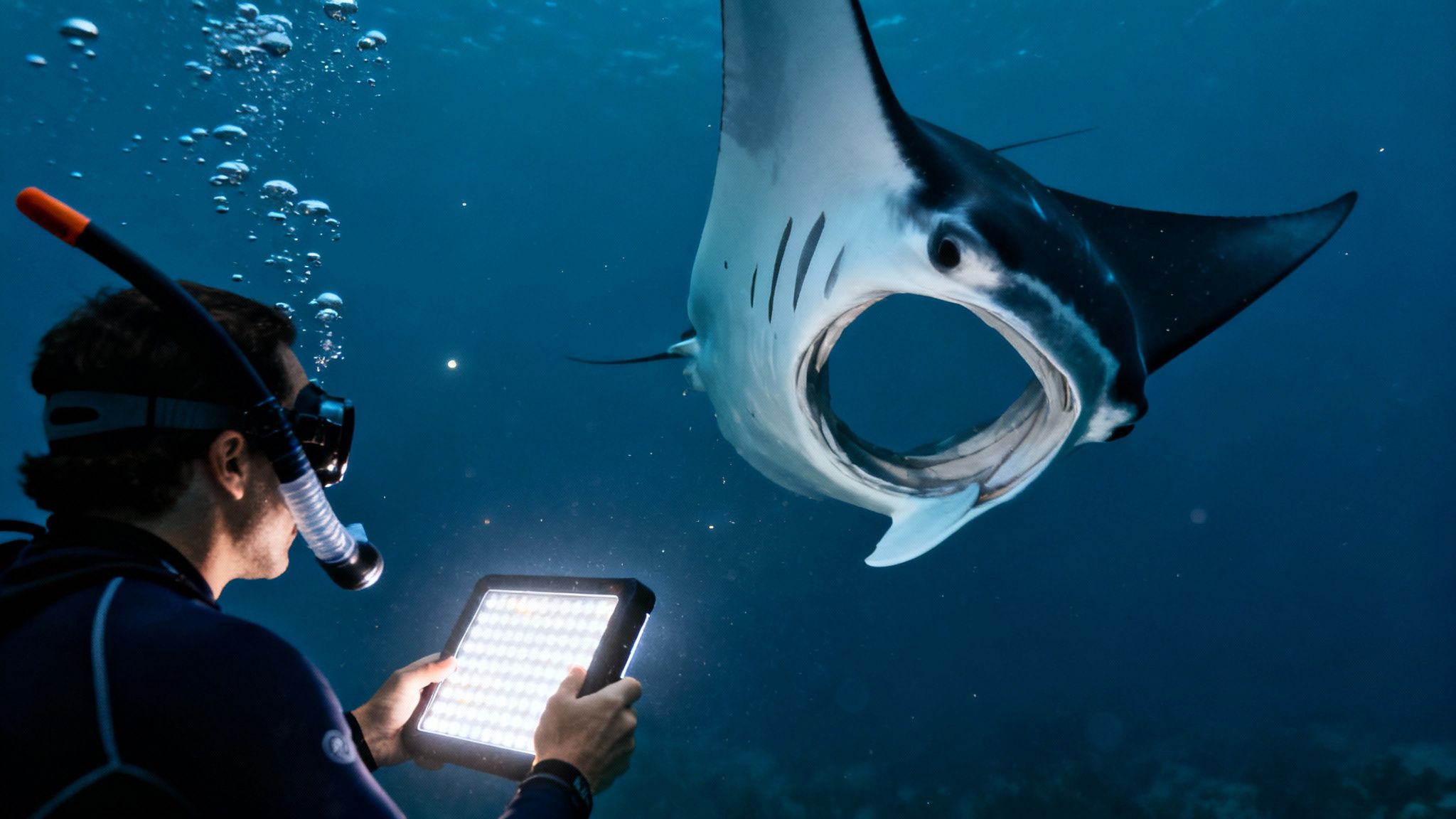 A diver in blue water holds an underwater light, attracting a large manta ray swimming with its mouth open.