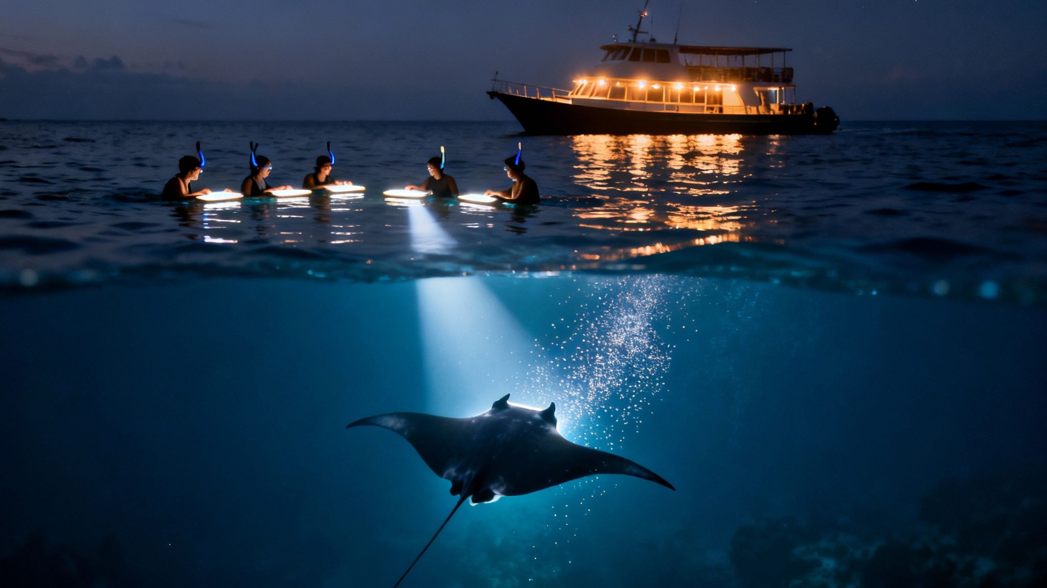 People night snorkeling with illuminated boards watching a giant manta ray swim underwater near a boat.