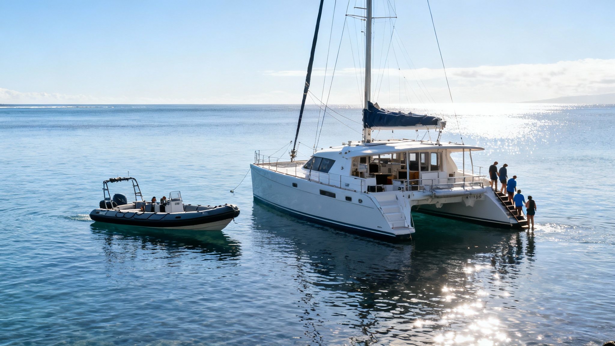 People on a white catamaran getting into the sparkling blue ocean next to a small boat.