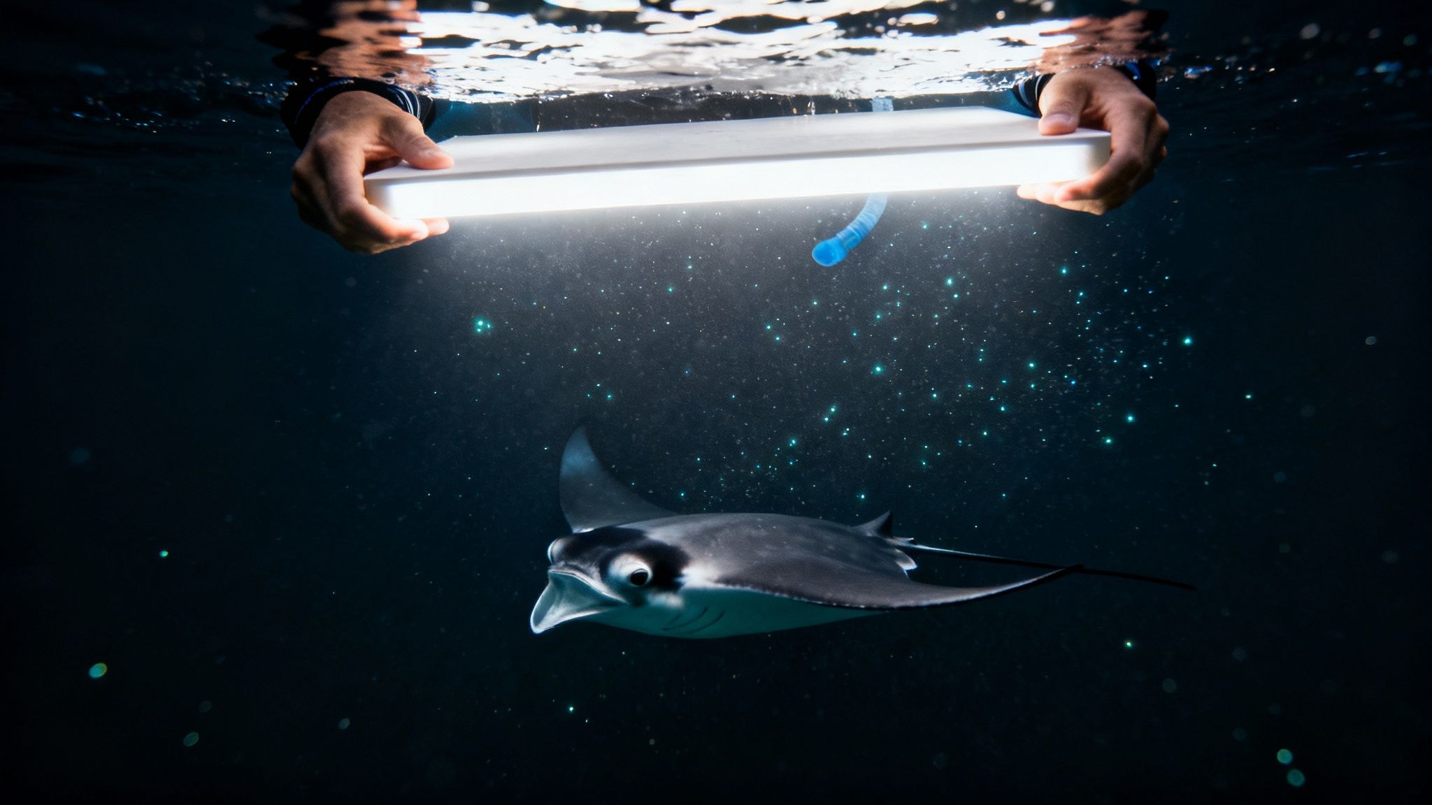 A snorkeler observes a manta ray from a safe distance, holding onto a light board.