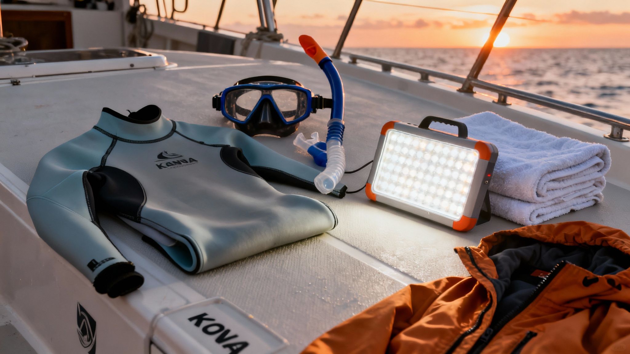 Snorkeling gear, wetsuit, towels, and LED light on a boat deck at sunset.