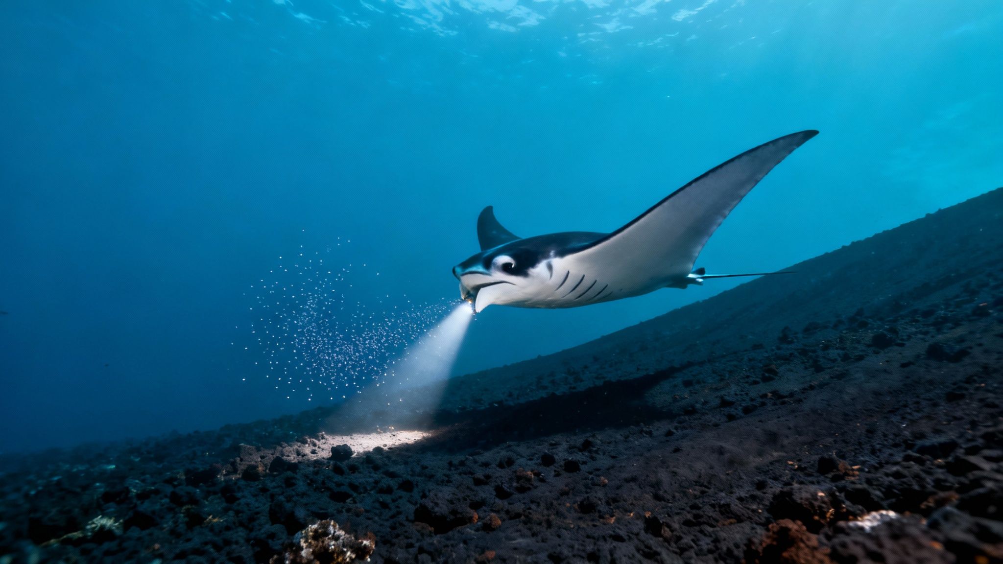 Underwater shot of a manta ray using a light to feed on plankton at night.