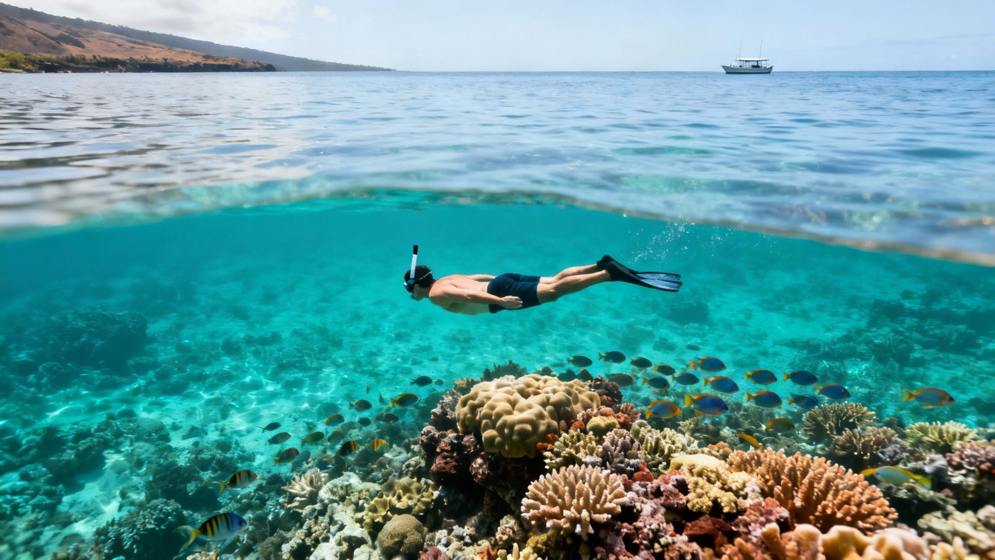 Split view of a man snorkeling over a vibrant coral reef, with a boat and island above water.