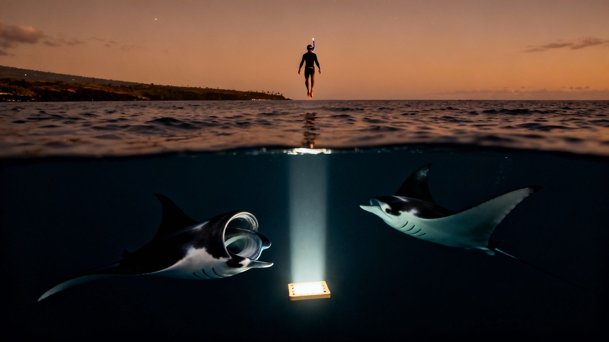 A split-level image shows a person floating above water at sunset with two manta rays swimming below, illuminated by a light.