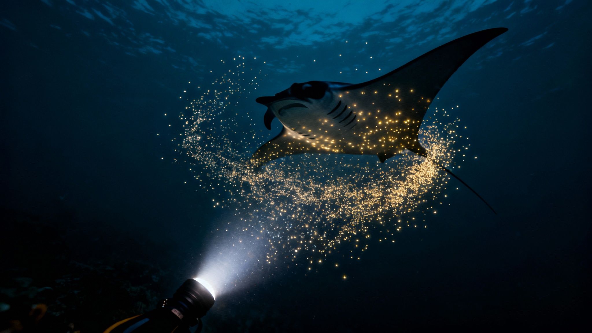 Underwater scene with a diver's light illuminating a manta ray amidst glowing plankton.