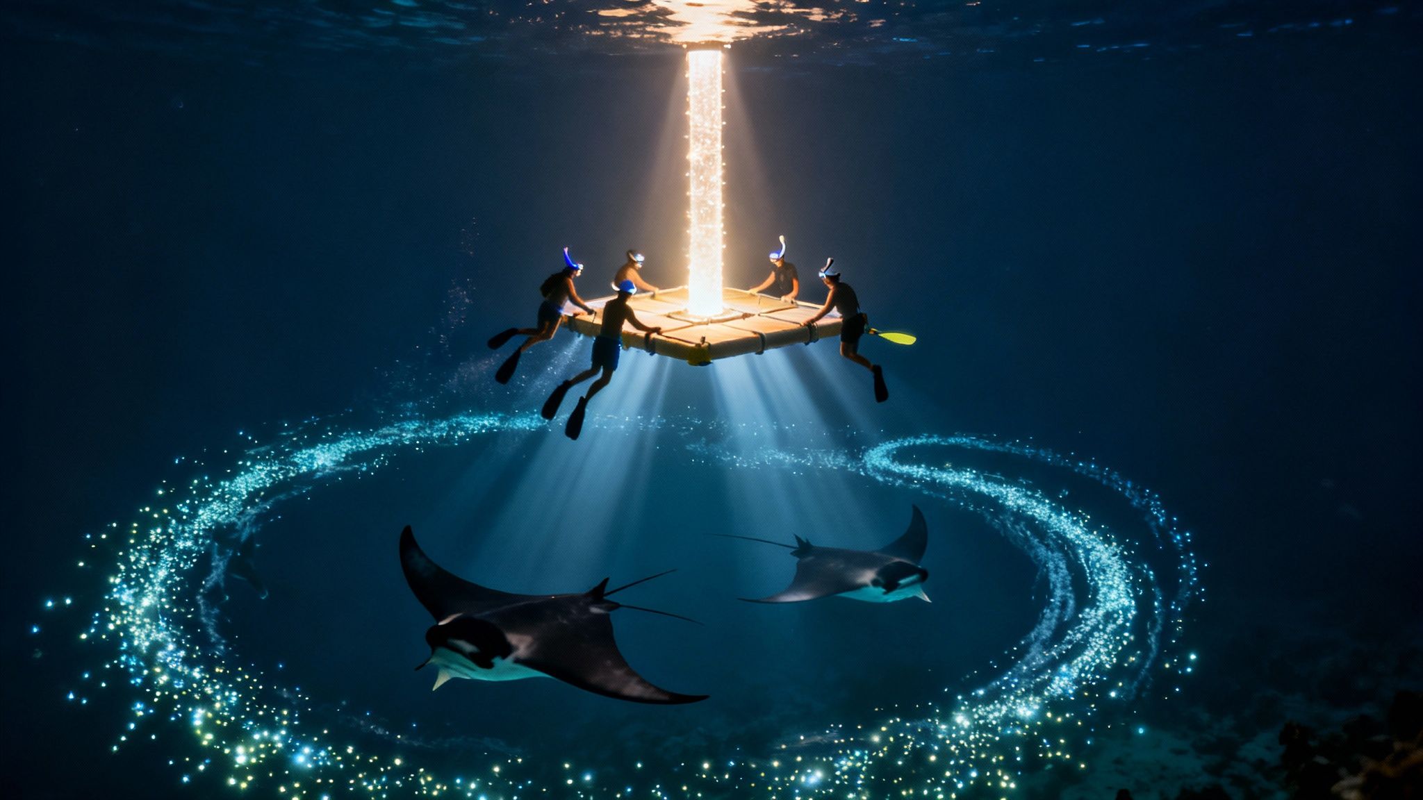 A group of snorkelers holding onto a floating light raft at night, watching manta rays swim below.