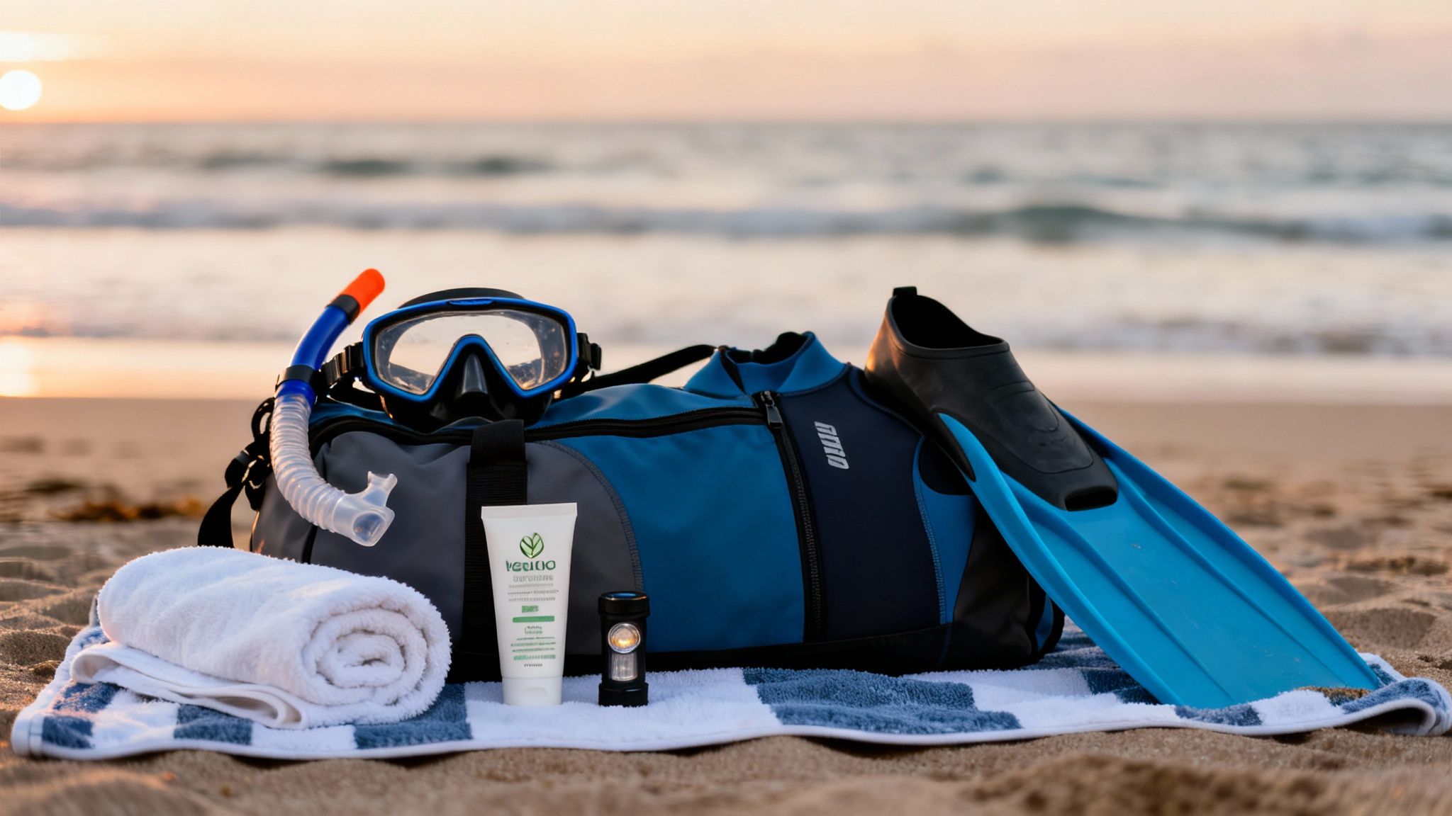 Snorkeling gear, sunscreen, towels, and a wetsuit arranged on a sandy beach during sunset.