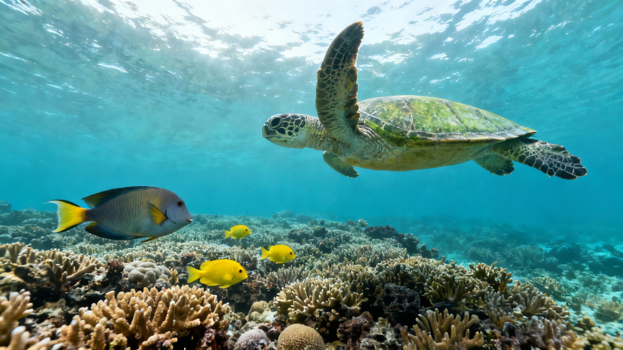 A majestic sea turtle and colorful fish glide above a vibrant coral reef in clear blue water.