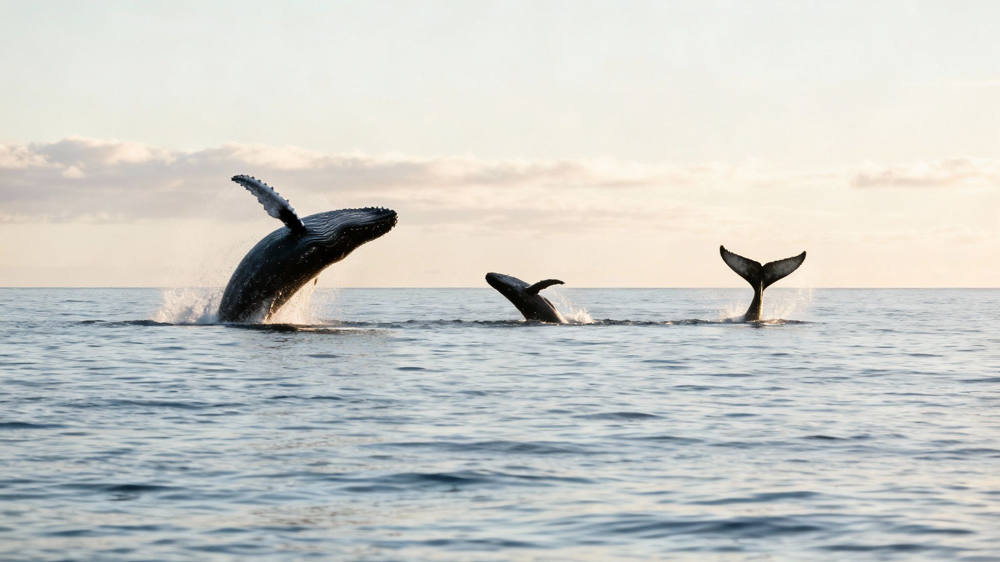Three humpback whales in the ocean, one spectacularly breaching, another partially out, and a third diving with its fluke.