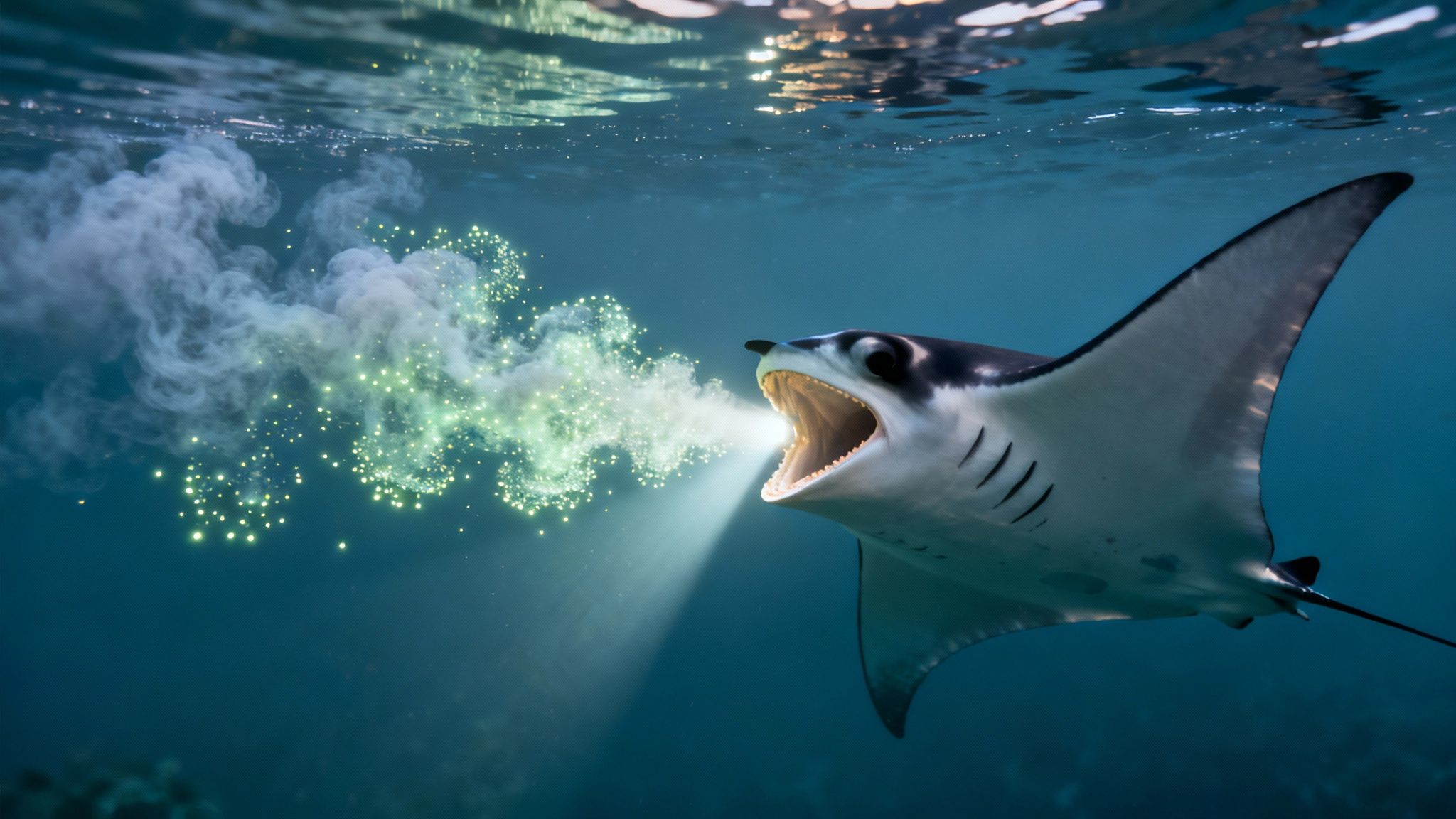 A manta ray swims underwater, emitting glowing green particles and smoke from its open mouth.
