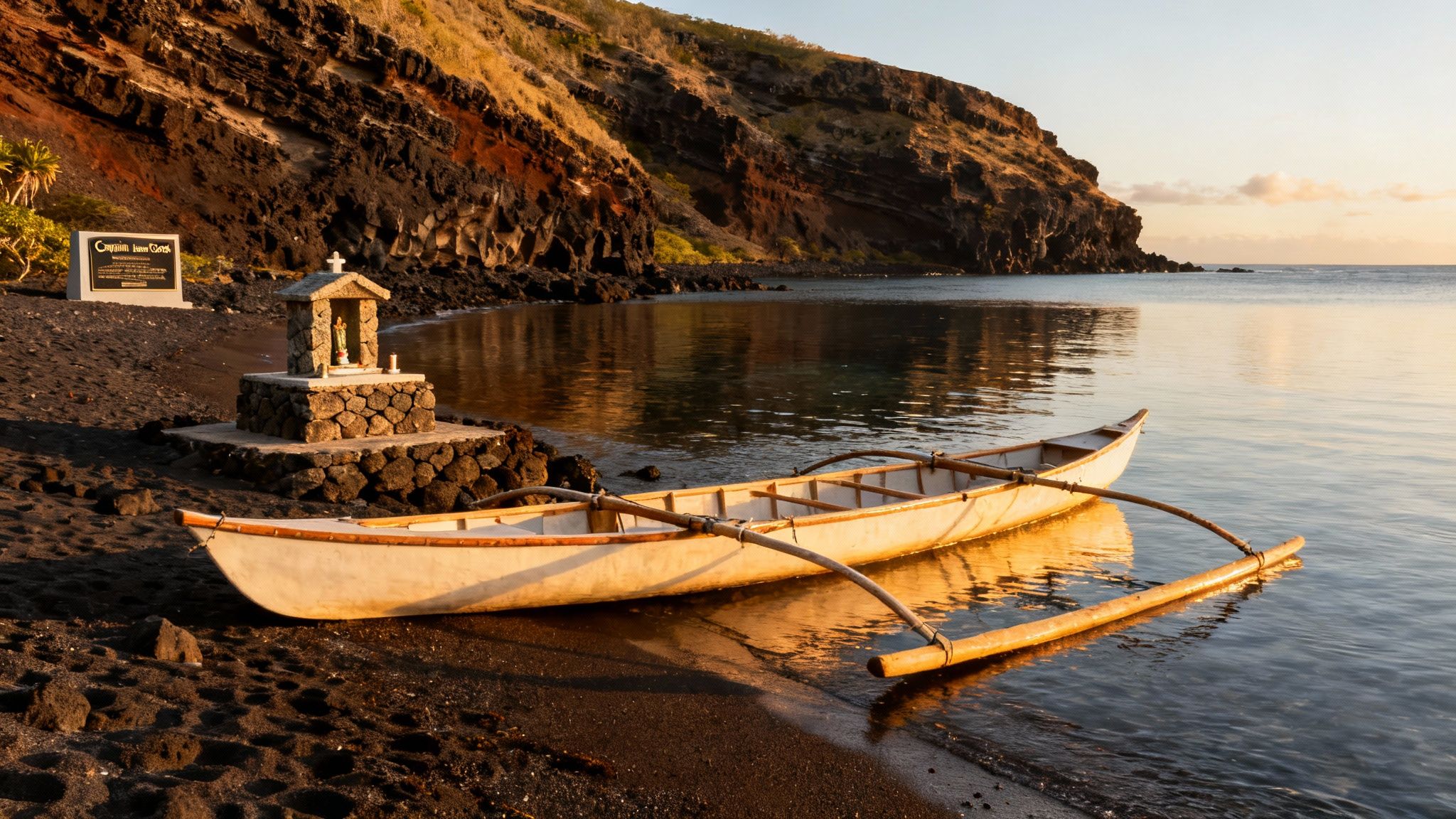 A Hawaiian outrigger canoe rests on a black sand beach near a stone shrine at sunset.
