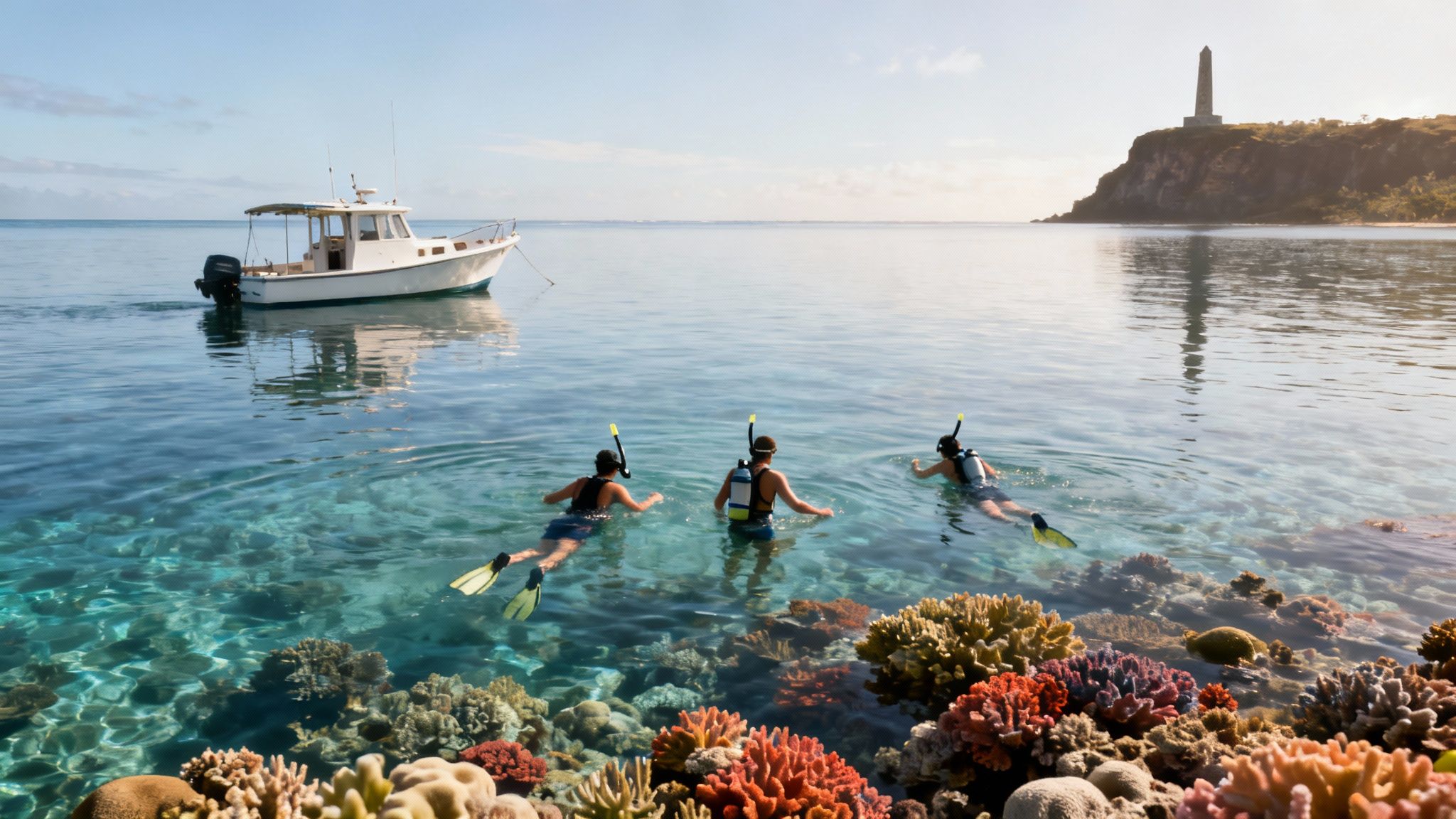 Three snorkelers explore vibrant coral reefs in clear blue ocean water near a white boat and a distant monument.