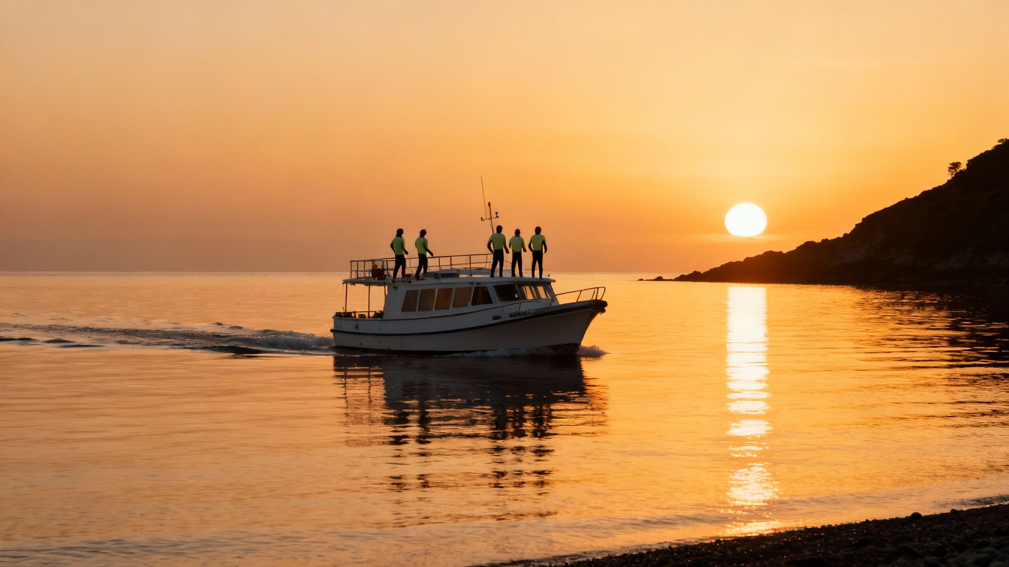 A white boat with five people watching a stunning golden sunset over the calm sea.