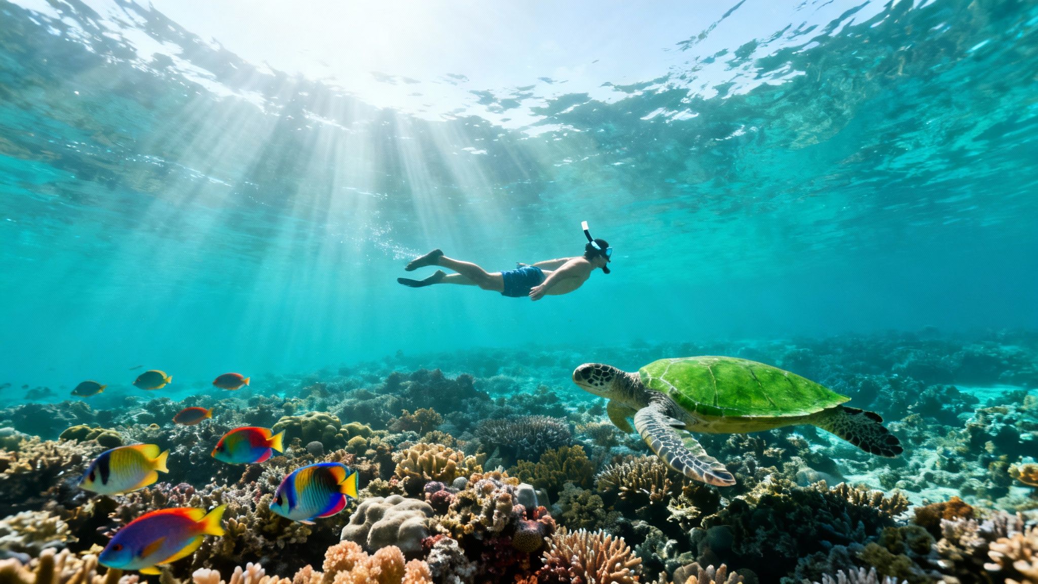 A snorkeler swims above a vibrant coral reef with a sea turtle and colorful fish.