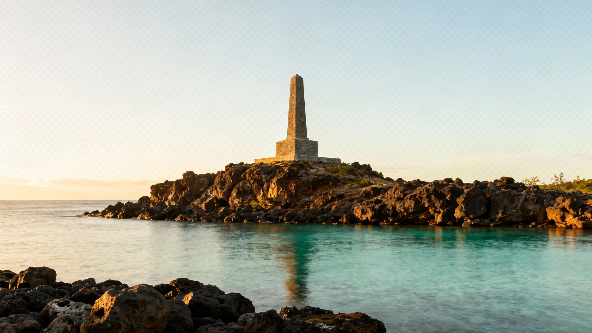 The Captain Cook Monument standing on the shore of Kealakekua Bay