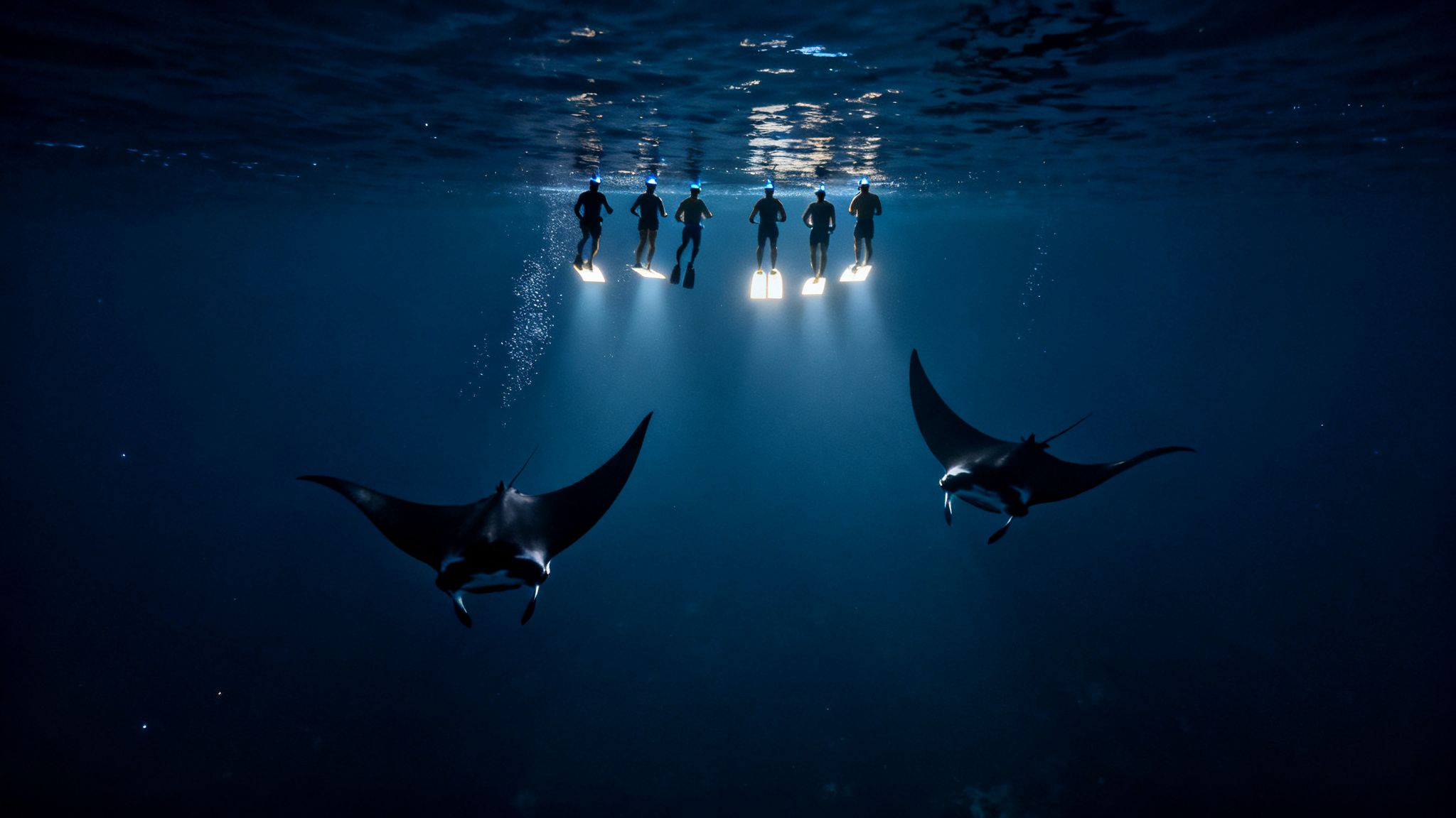 Silhouetted snorkelers with headlamps illuminate two majestic manta rays swimming in deep blue water at night.
