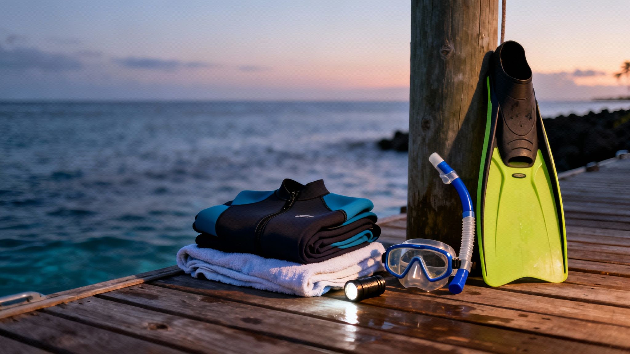 Snorkeling gear, including a wetsuit, mask, snorkel, fins, and flashlight, on a wooden pier at sunset.