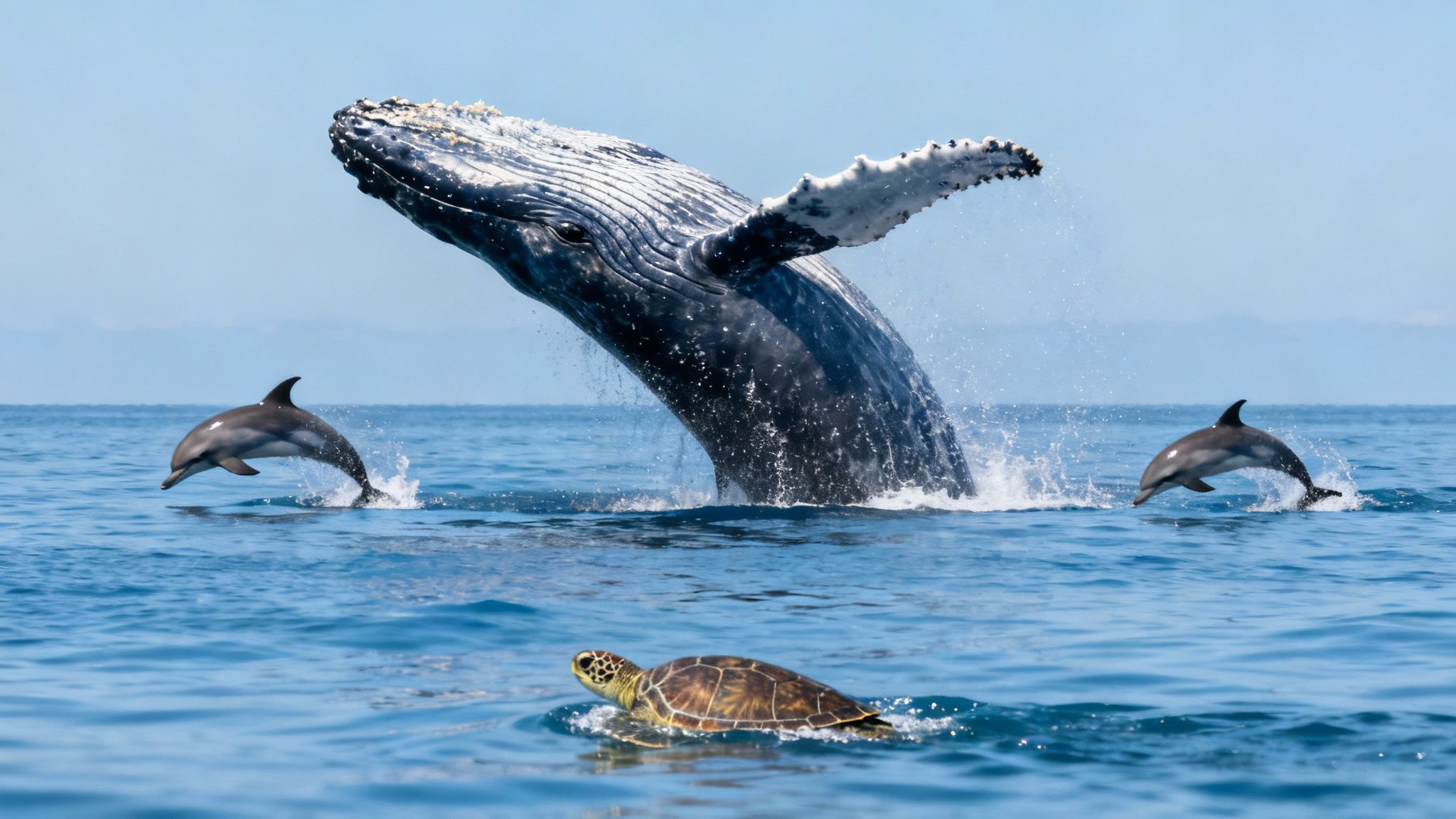A mother whale and her calf swimming side by side in the ocean.
