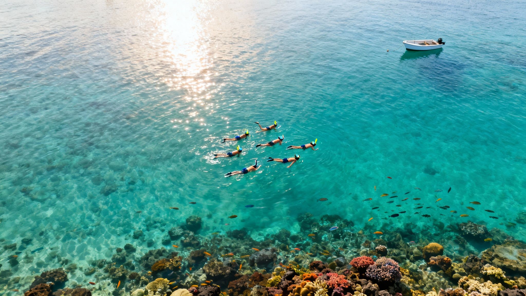 Aerial view of snorkelers swimming above a vibrant coral reef with colorful fish in clear blue ocean water, a boat nearby.
