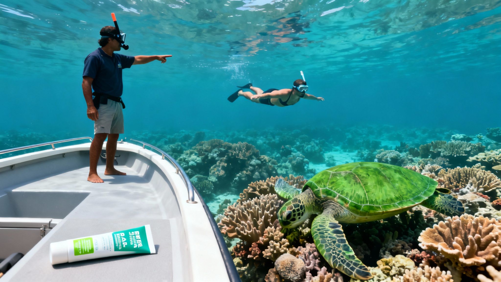A guide points from a boat to a snorkeling woman and a green sea turtle near a coral reef.