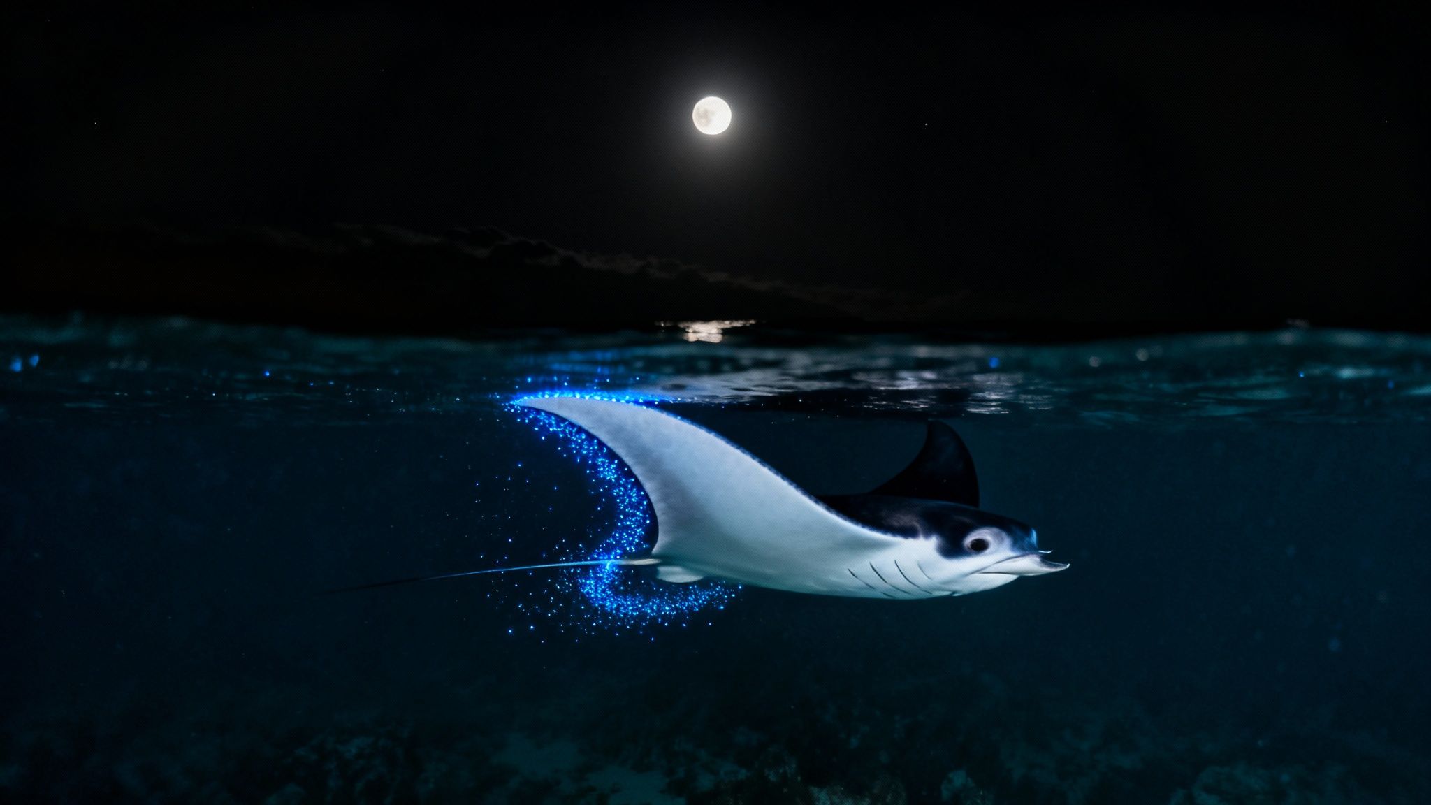A majestic manta ray glides through bioluminescent water at night under a full moon.