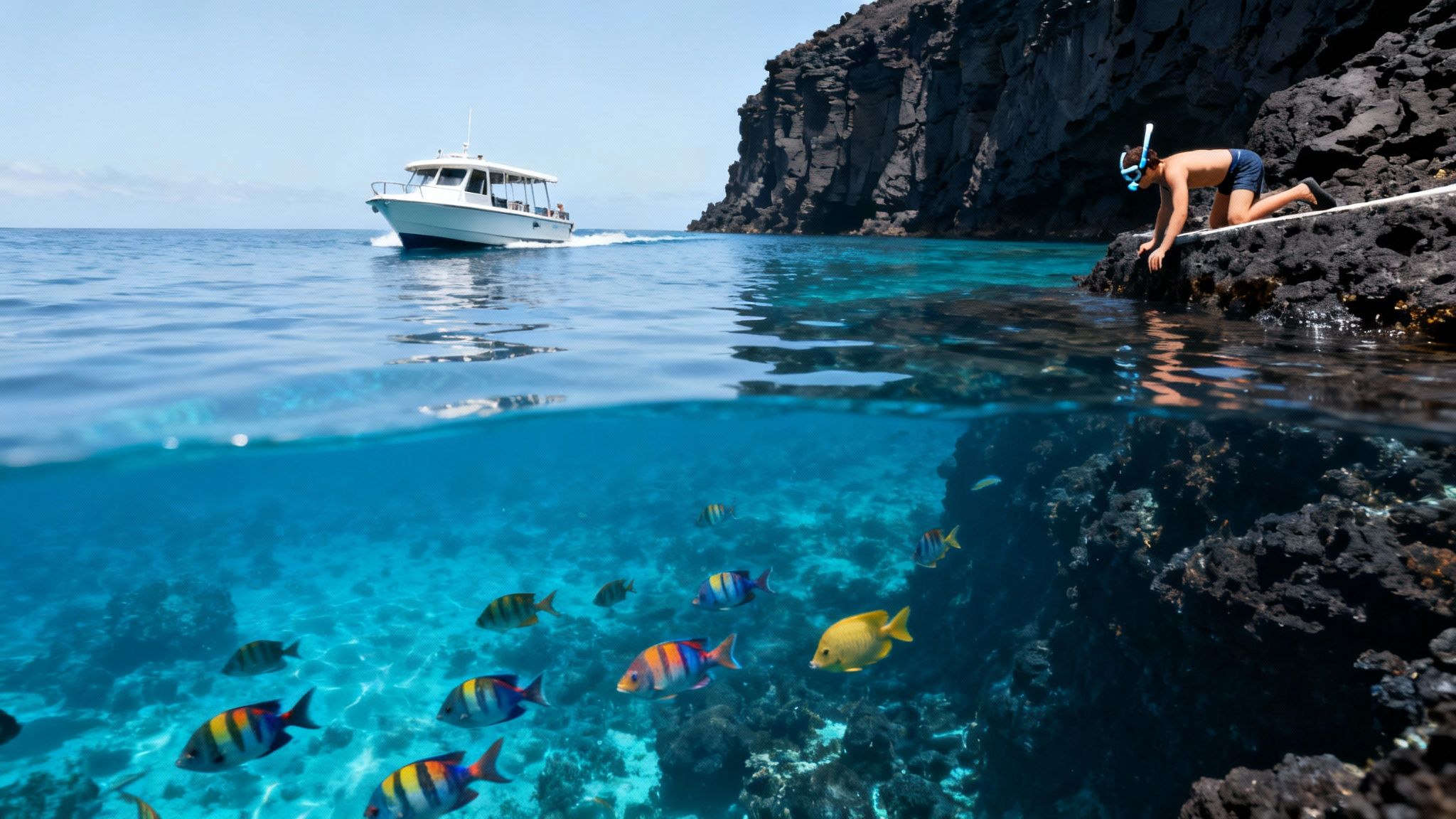 A group of snorkelers exploring the coral reef in Kealakekua Bay, with colorful fish swimming around them.