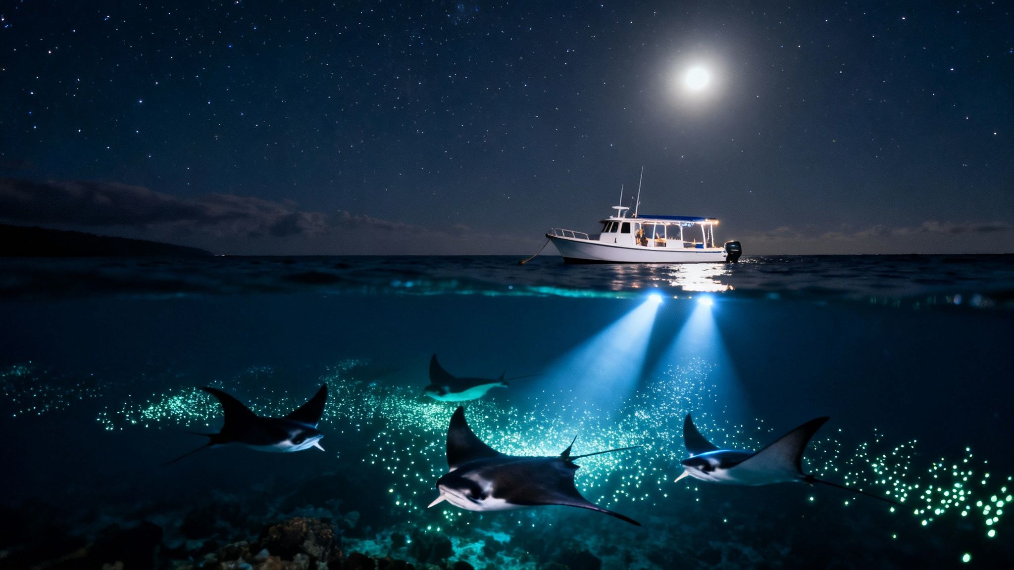 A split view image showing a boat under a starry night and manta rays with bioluminescence below.