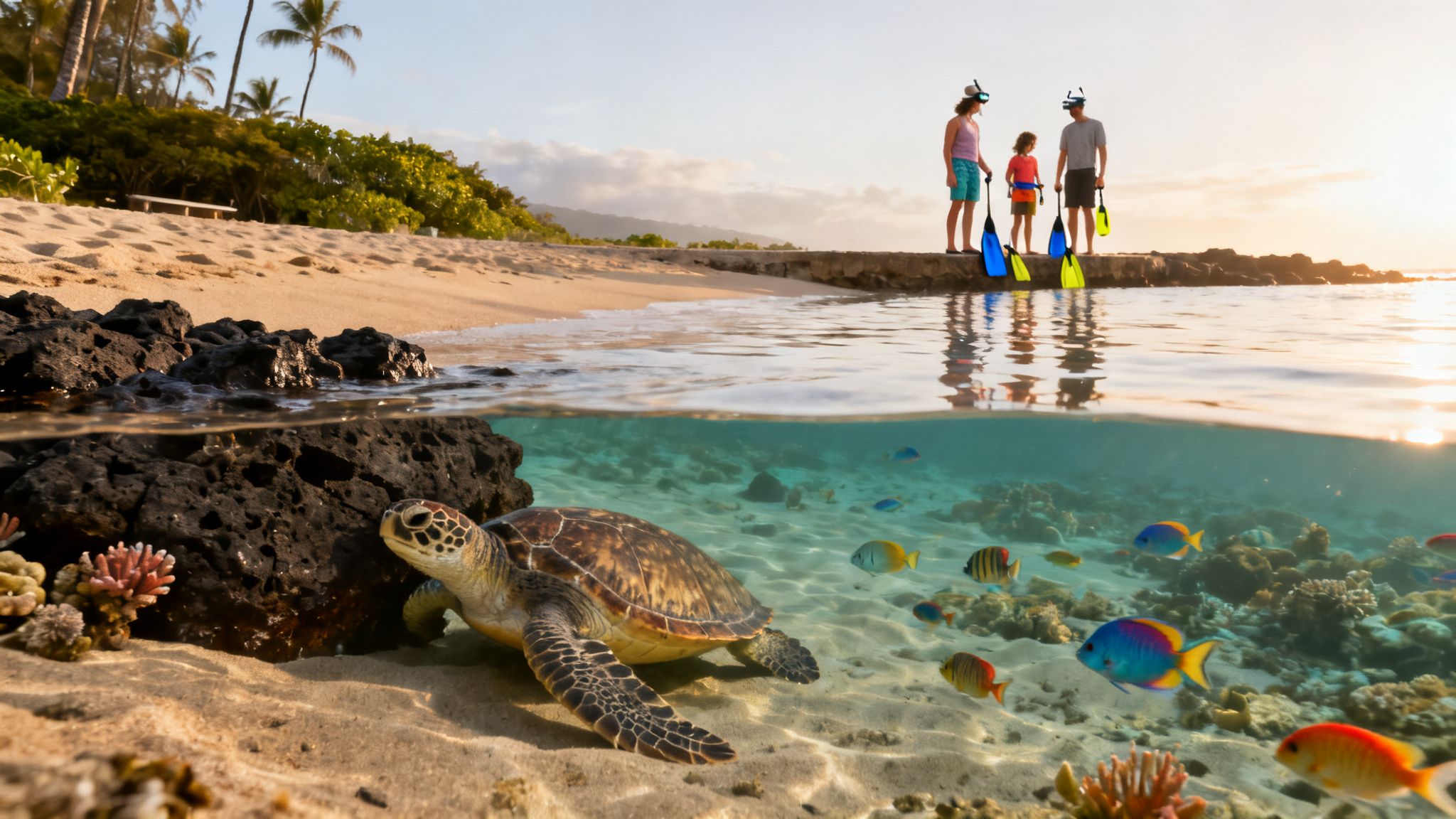 A split-level view of a sea turtle, colorful fish, and snorkelers on a tropical beach at sunset.