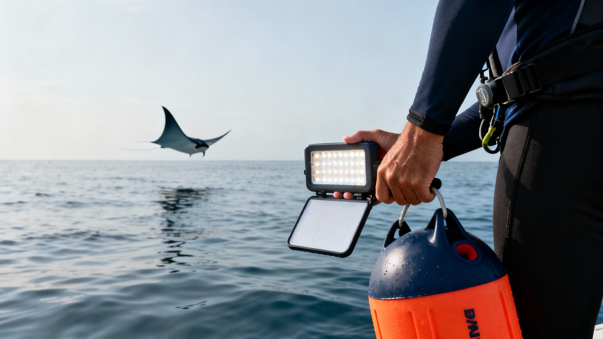 A diver on a boat holds an underwater light and buoy as a manta ray leaps from the ocean.